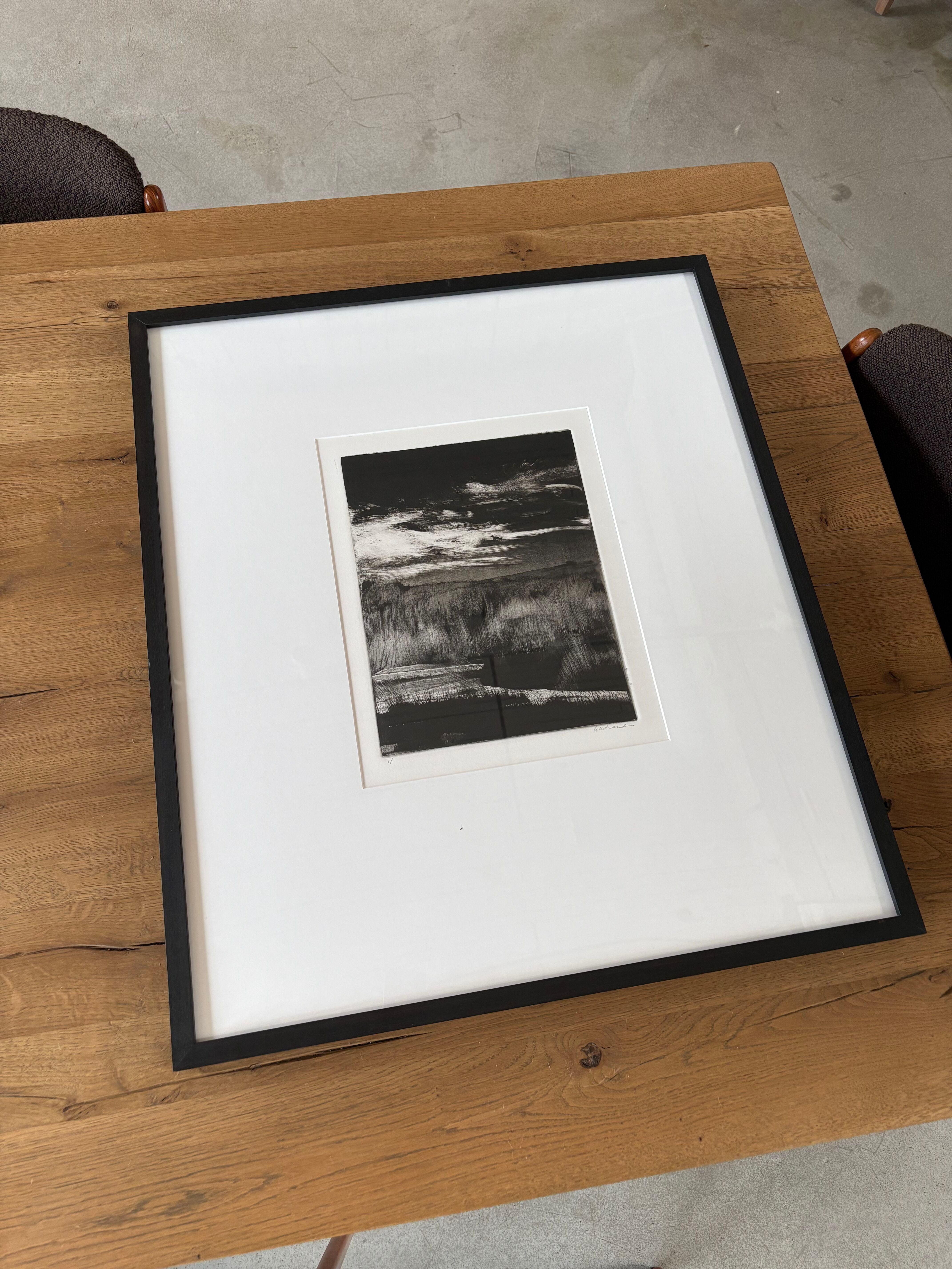 Tipping Point II, Feuchtgebiete Schwarz-Weiß-Monotypie Gerahmter Druck, 2024 (Grau), Landscape Print, von Kris Ekstrand