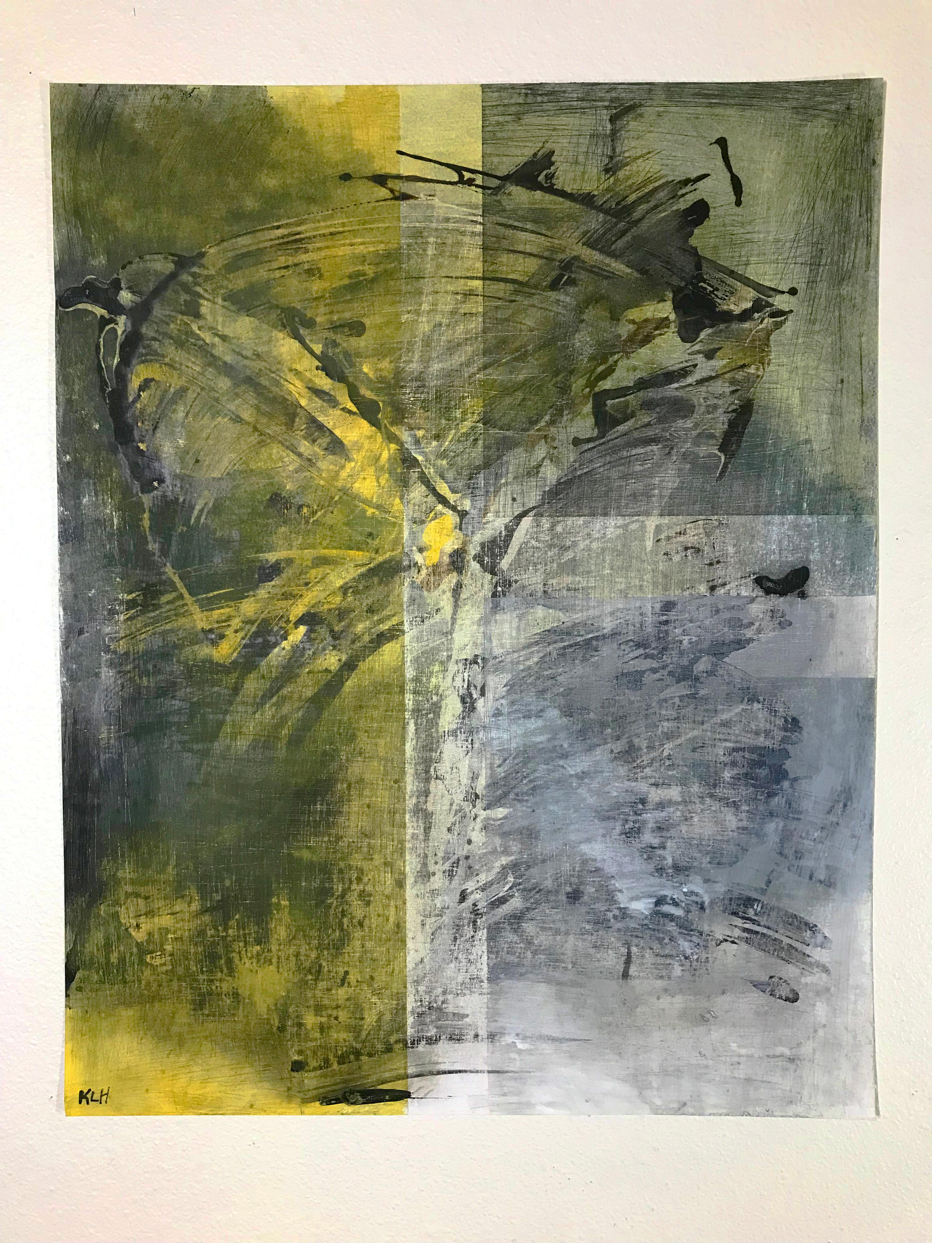 <p>Artist Comments<br>Artist Kris Haas depicts an abstract image with vigorous strokes and strong emotions. With colors of black, yellow, and beige, the piece cuts in sections where movement bleeds through. Part of Kris' derivative and ongoing