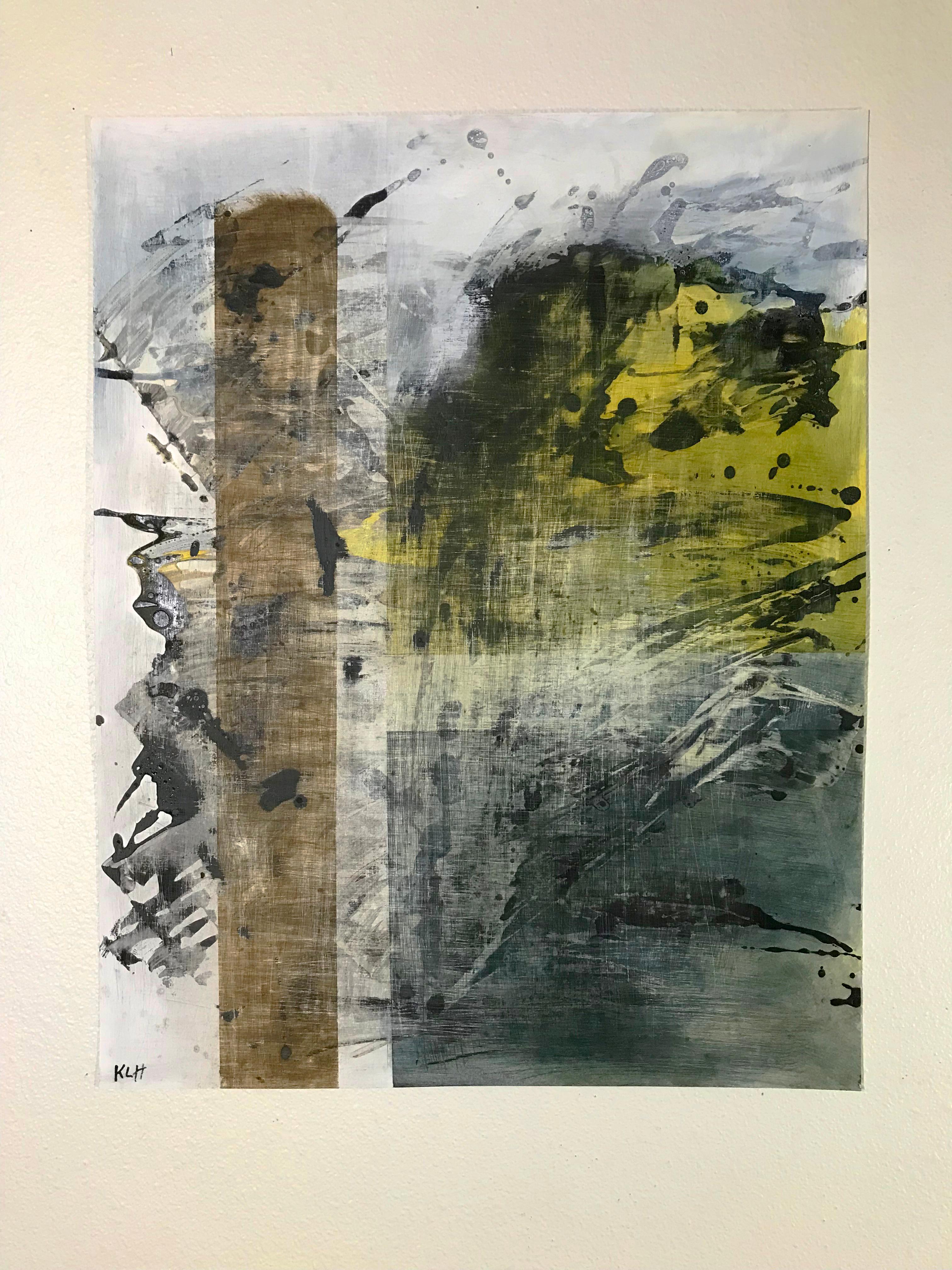<p>Artist Comments<br>Thick splashes and spatters in black appear over bold strokes of umber, yellow, and deep green in this expressive abstract by artist Kris Haas. Scratches and marks create texture above adding to the artwork's dramatic