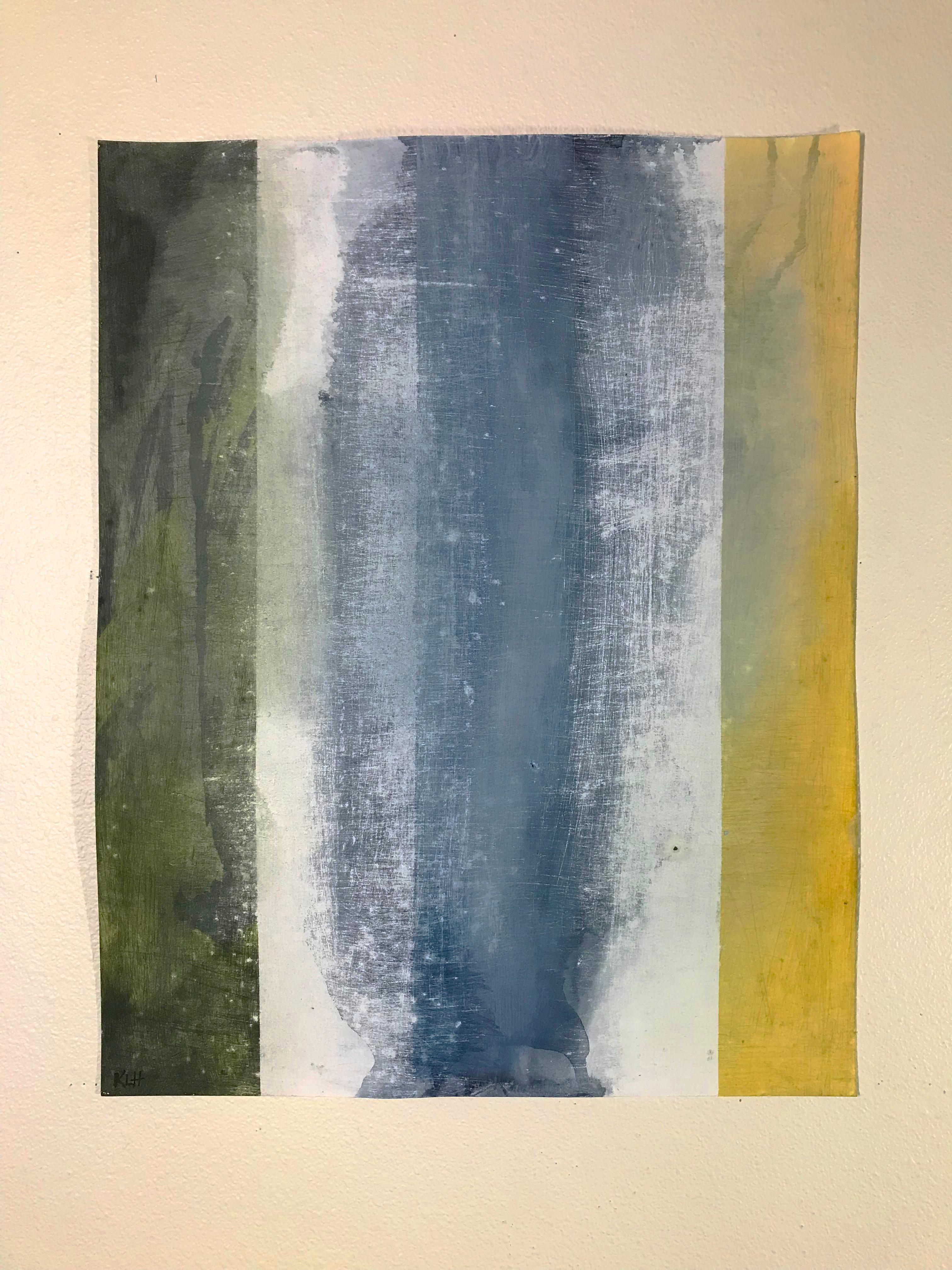 <p>Artist Comments<br>Vertical forms in beige, grey, olive, and yellow build this modern expressive abstract by artist Kris Haas. Marks and scratches circulate the grey column shedding subtle shadows around it. Part of Kris' derivative and ongoing