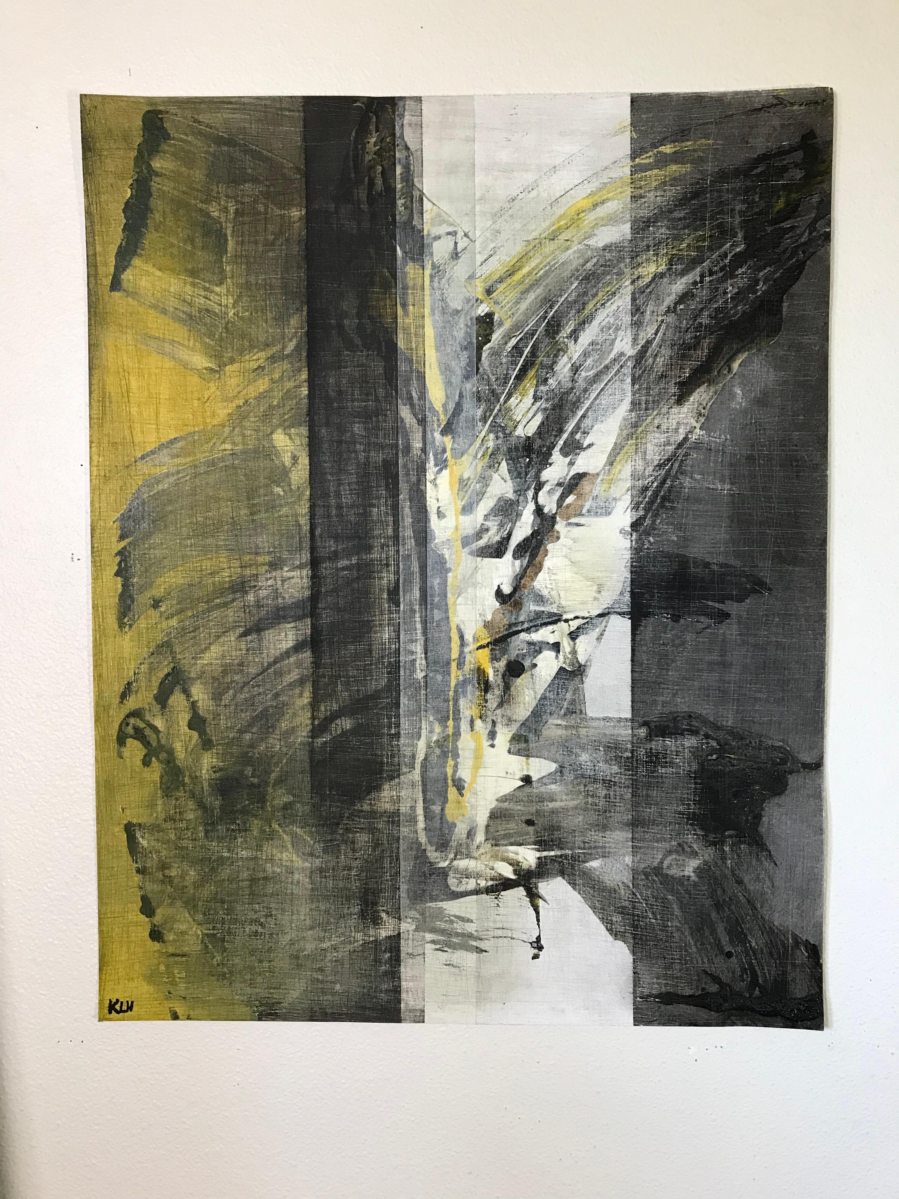<p>Artist Comments<br>Artist Kris Haas depicts an abstract image with vertical see-through columns and vigorous strokes in black and yellow. The piece cuts in sections with an even pattern of marks and scratches appearing above. Part of Kris'