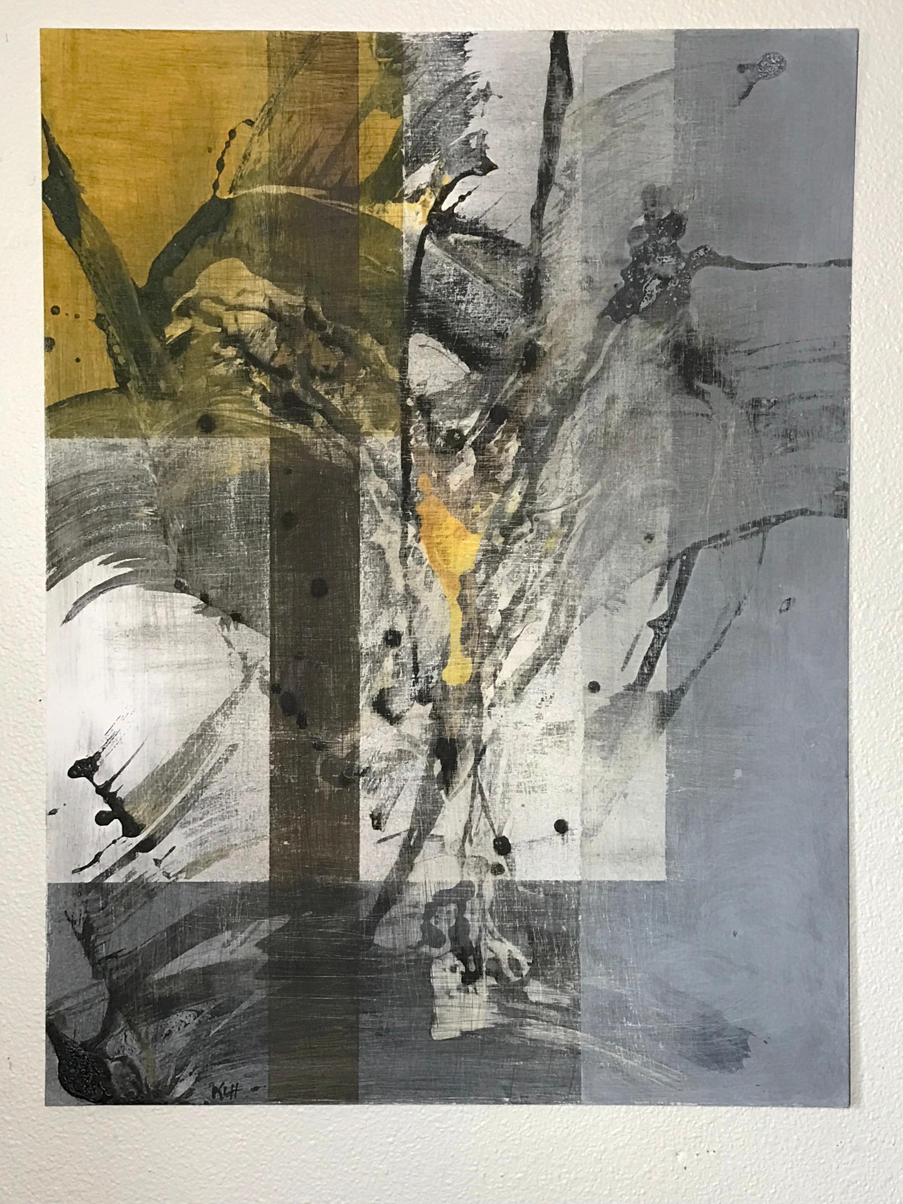 <p>Artist Comments<br>Heavy gestural strokes in black emerge between blocks of yellow, beige, and grey in this expressive abstract by artist Kris Haas. Splashes and drippings emulate crashing waves on windy shores. Part of Kris' derivative and