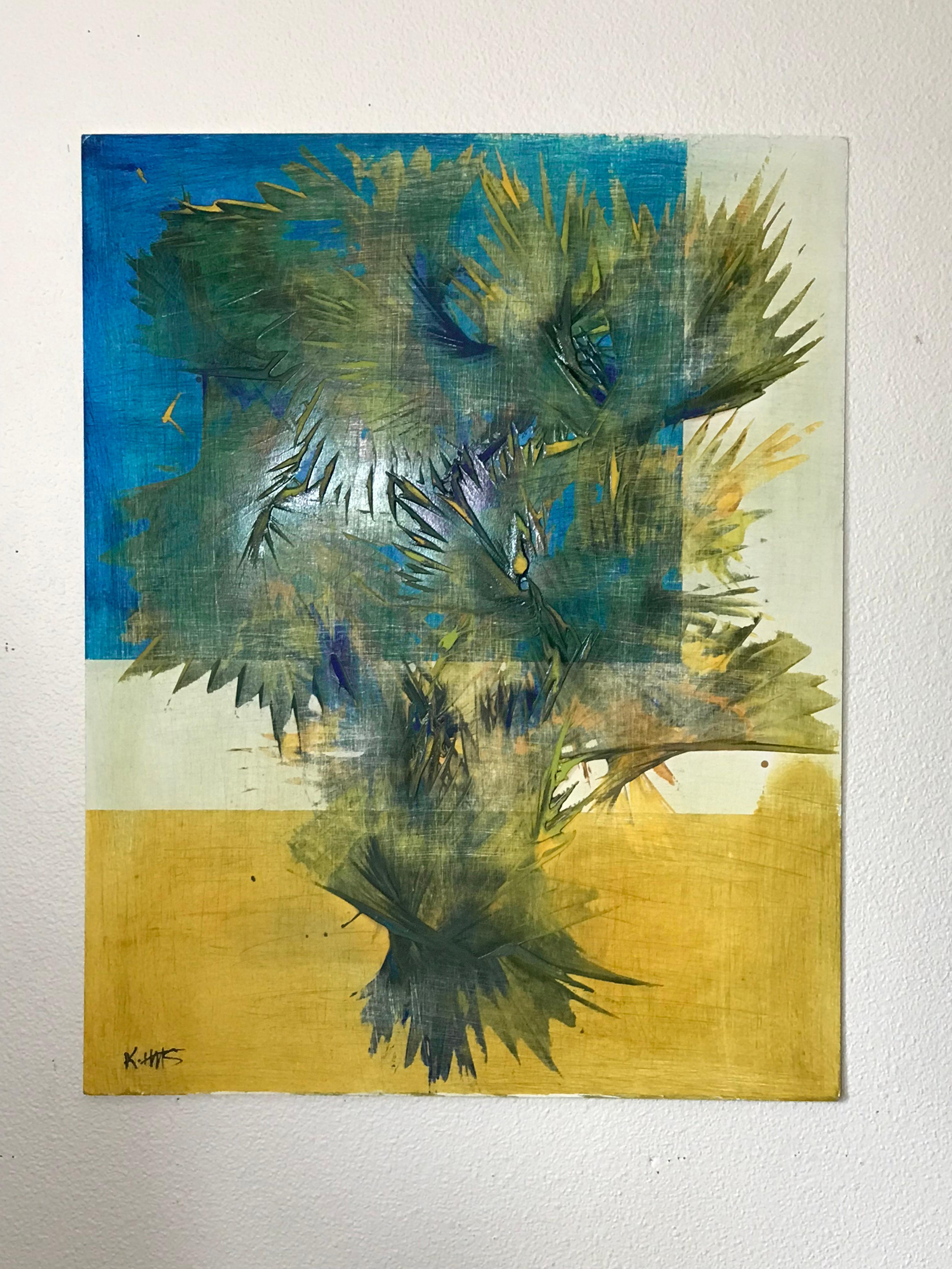 <p>Artist Comments<br>A modern distressed abstract in hues of black, blue, and yellow by artist Kris Haas. Feather-like shapes spread and spiral from top to bottom leaving varying shades of green and blue in its wake. Brighter shades of yellow