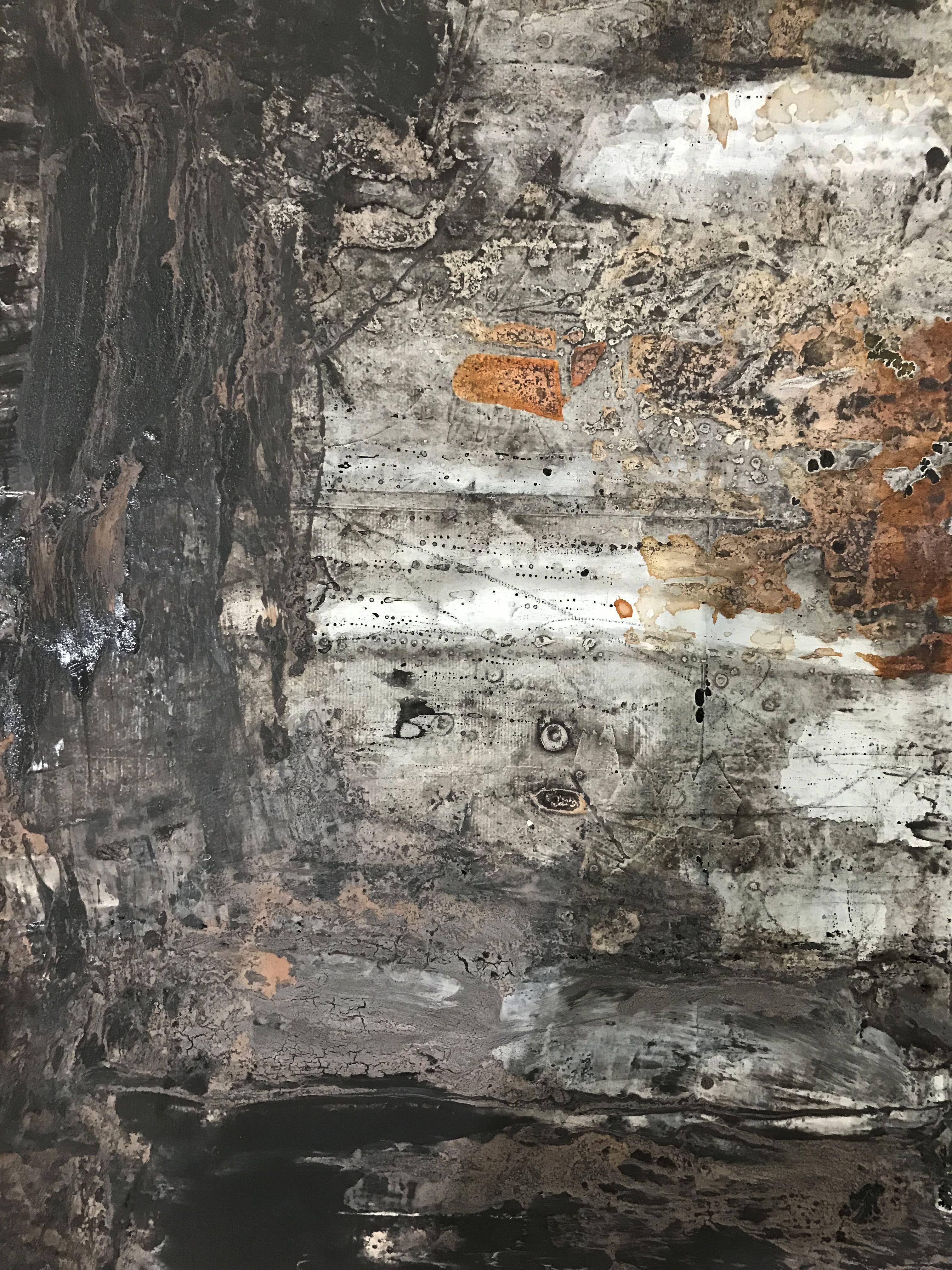 Questo dipinto fa parte della mia serie più recente, intitolata Unknown (Sconosciuto), proprio per il fatto che sto entrando in un nuovo territorio per quanto riguarda i materiali che utilizzo, mescolando colori acrilici e a olio, oltre a un po' di