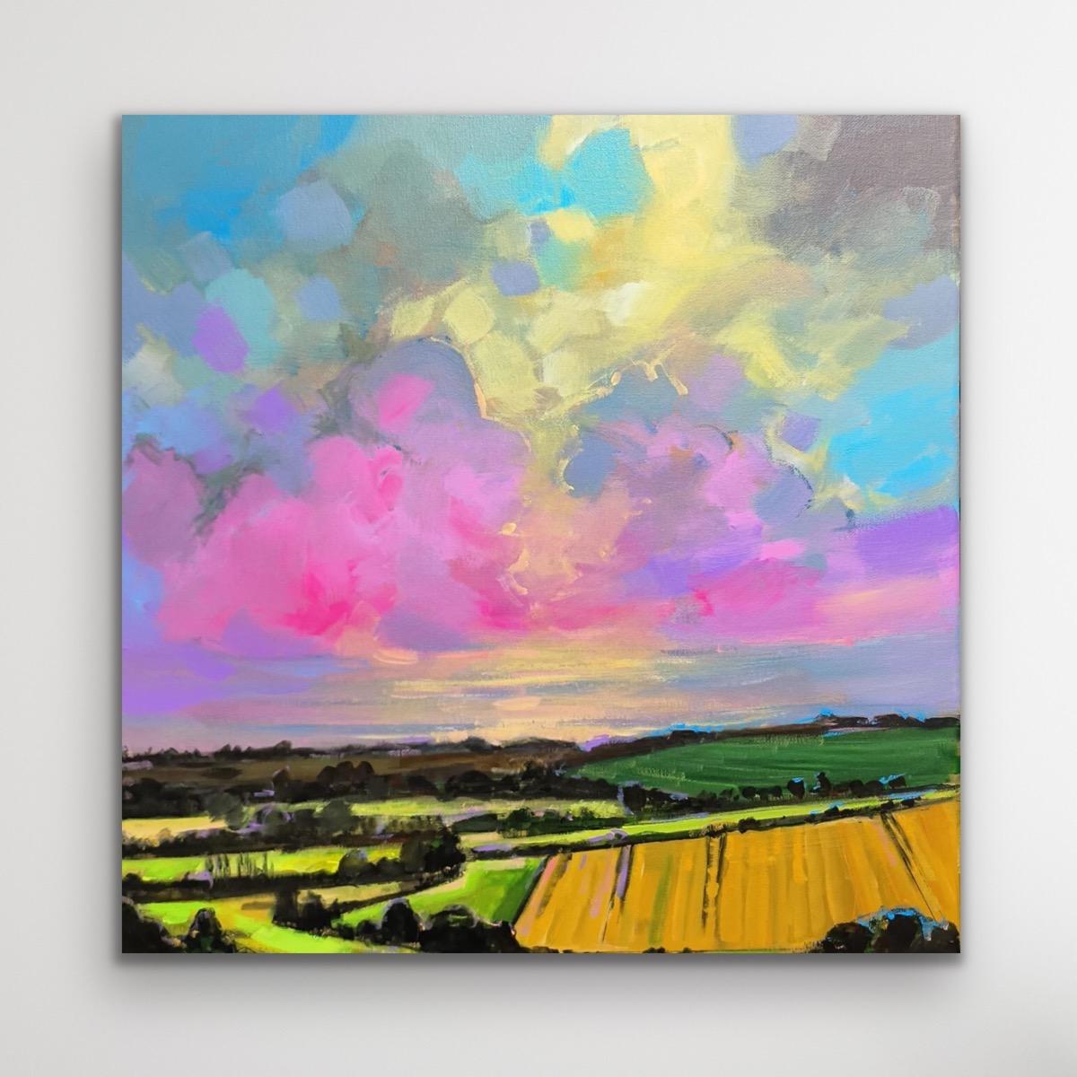 Original painting by Kris McKinnon. A landscape in the Cotswolds showing fields under a sunset of blue and magenta pastels.

ADDITIONAL INFORMATION:
Chadlington in the Summer, Cotswolds Landscape by Kris McKinnon [2024]
Original painting
Acrylic on