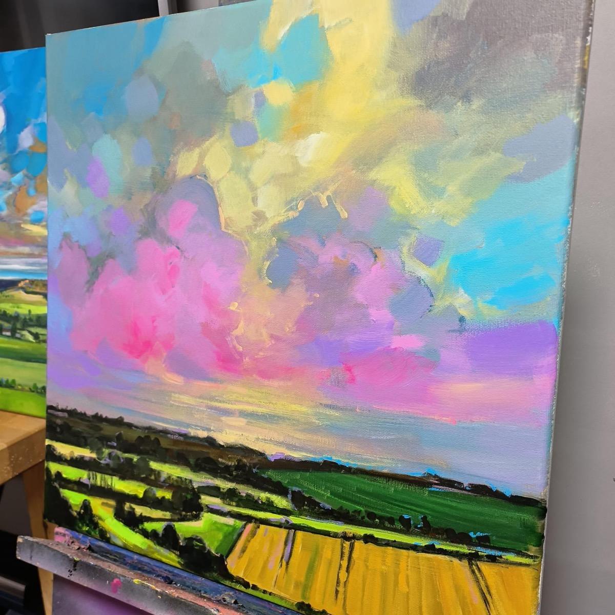 Original painting by Kris McKinnon. A landscape in the Cotswolds showing fields under a sunset of blue and magenta pastels.

ADDITIONAL INFORMATION:
Chadlington in the Summer, Cotswolds Landscape by Kris McKinnon [2024]
Original painting
Acrylic on