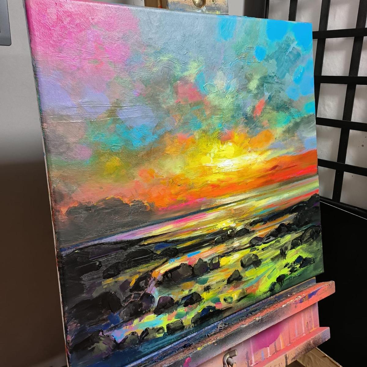 Original painting by Kris McKinnon. A rocky seaview showing a display of vibrant pastel tones.

ADDITIONAL INFORMATION:
Original painting
Acrylic on canvas
Sold unframed
Complete size of unframed work: 50 H x 50 W x 2 D cm (19.69 x 19.69 x 0.79