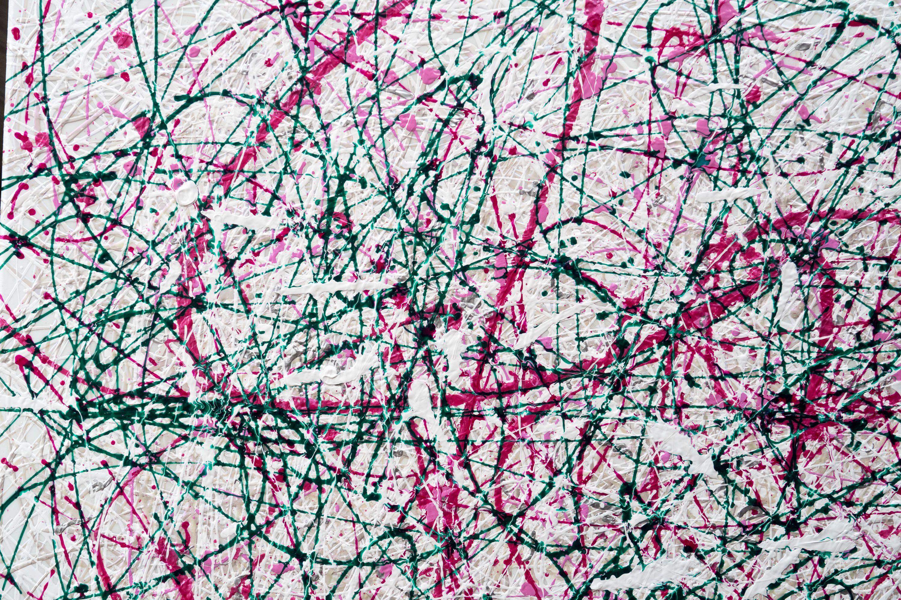 Action painting. 50in x 34in approx  This painting is delivered rolled.  This cerise, white and green painting would make a stunning focal point for any room. It is full of energy.  This canvas is heavy with paint and would be best glued to a