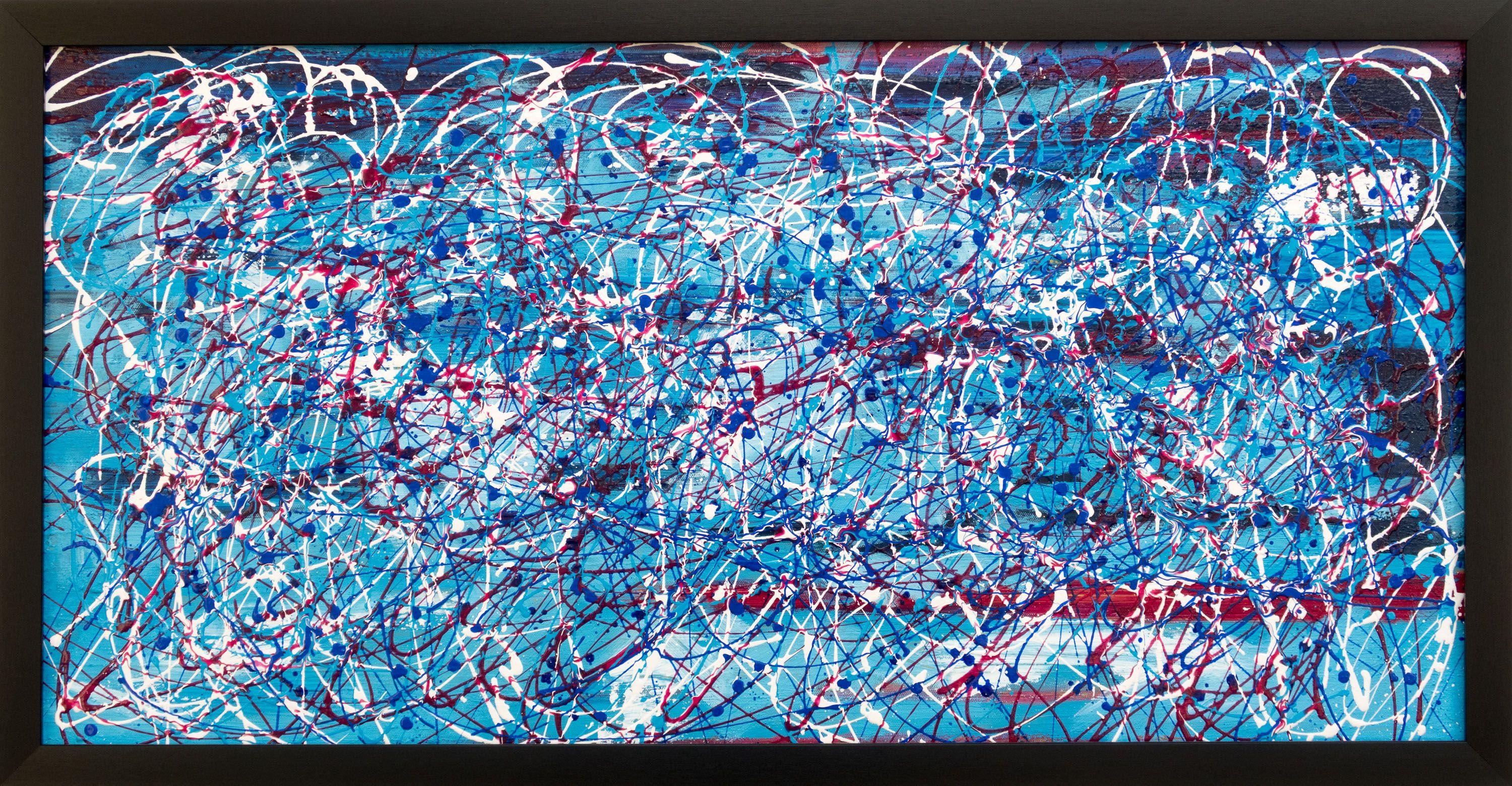 Wonderful blue, red and white action painting in the style of The New York School of painting circa 1950.  This painting can be hung landscape or portrait and comes in a black frame.    This blue and white painting would make a stunning focal point