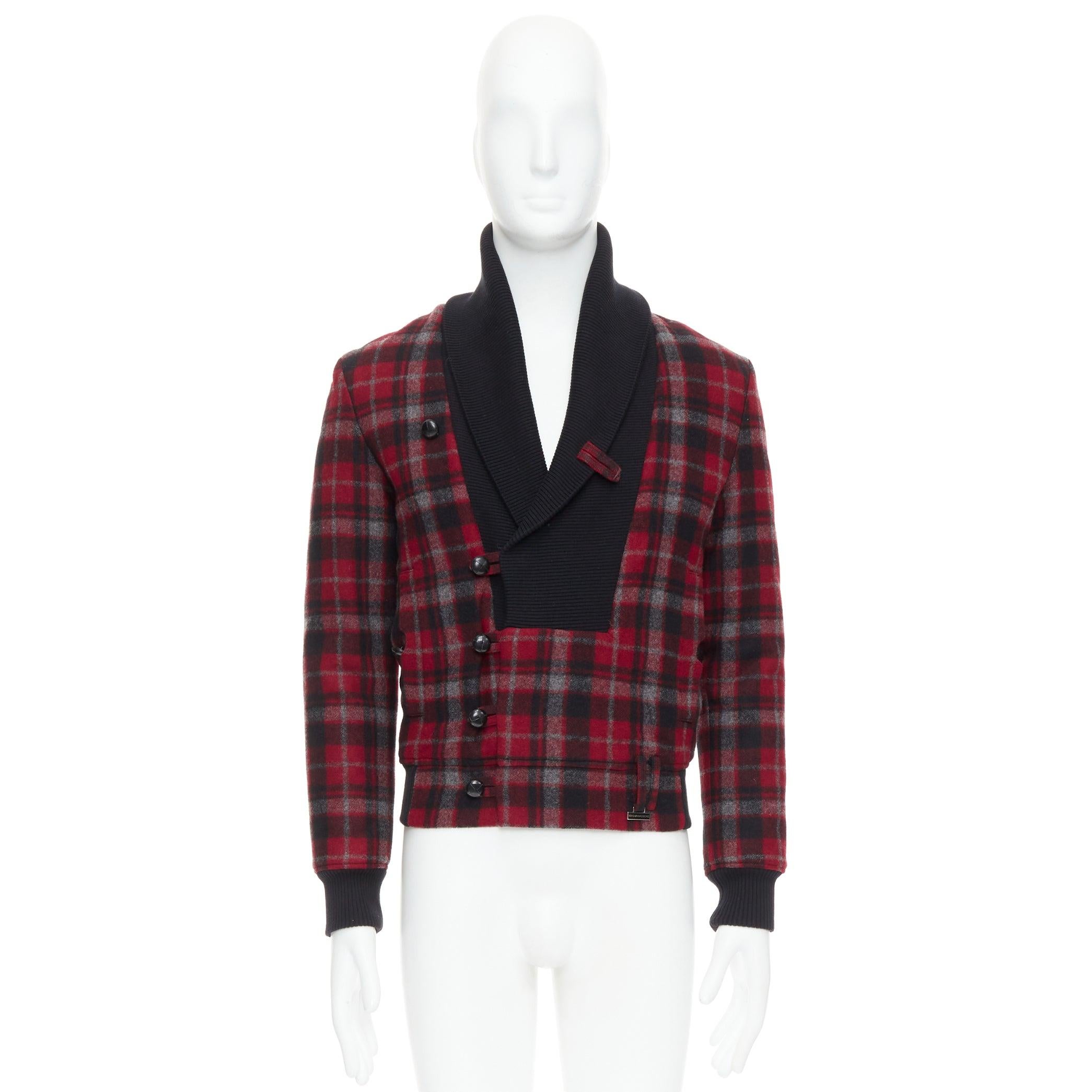 KRIS VAN ASSCHE red black virgin wool checkered cotton trim bomber IT46 S For Sale 5