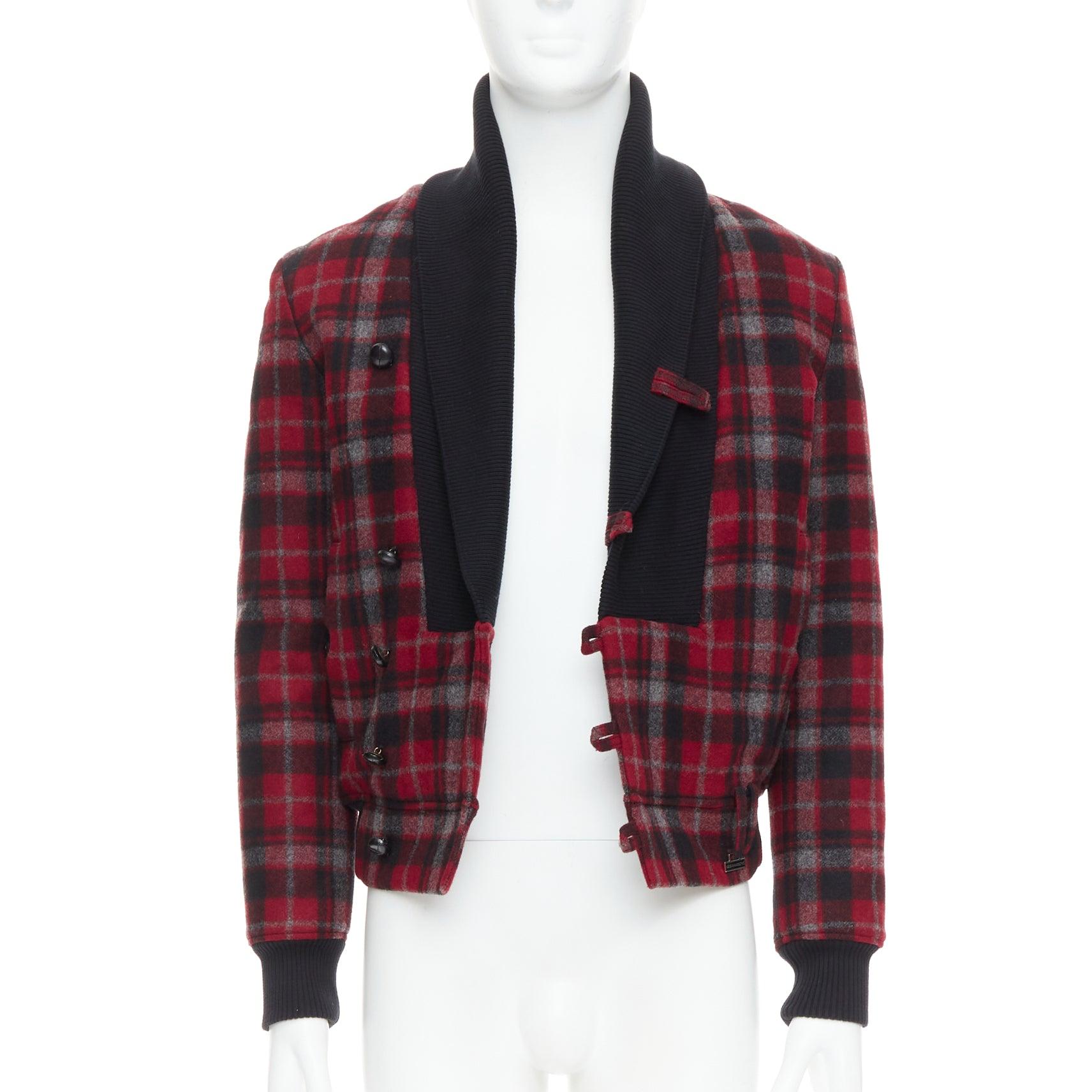 Black KRIS VAN ASSCHE red black virgin wool checkered cotton trim bomber IT46 S For Sale
