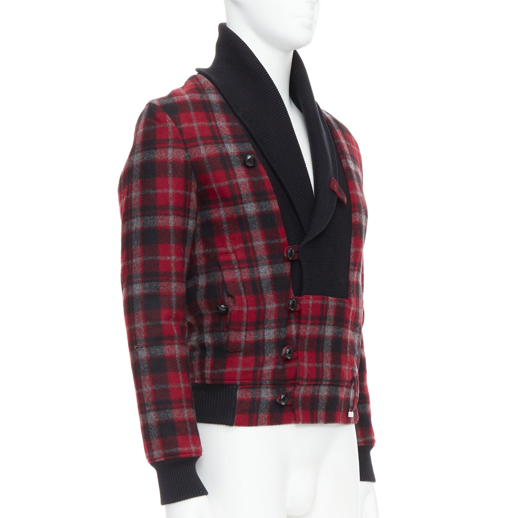 KRIS VAN ASSCHE red black virgin wool checkered cotton trim bomber IT46 S In Good Condition For Sale In Hong Kong, NT