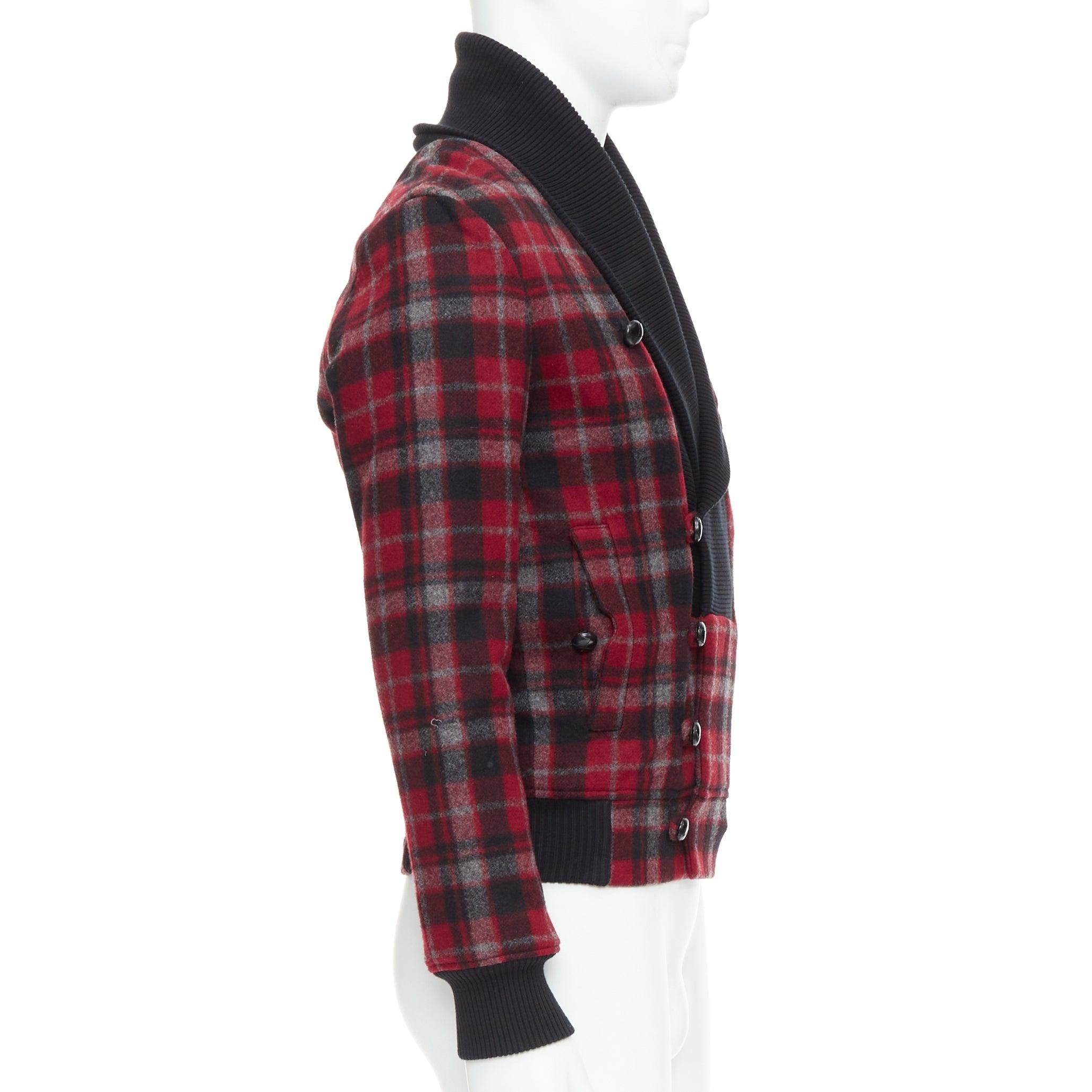 Men's KRIS VAN ASSCHE red black virgin wool checkered cotton trim bomber IT46 S For Sale