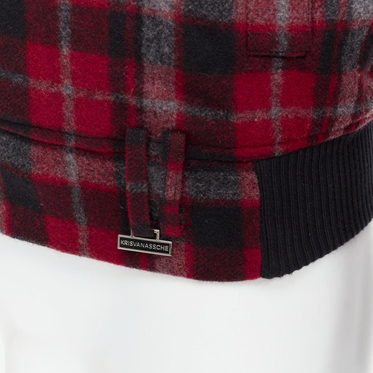 KRIS VAN ASSCHE red black virgin wool checkered cotton trim bomber IT46 S For Sale 3