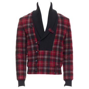 KRIS VAN ASSCHE rot-schwarz karierter Bomber aus Schurwolle mit Baumwollbesatz IT46 S