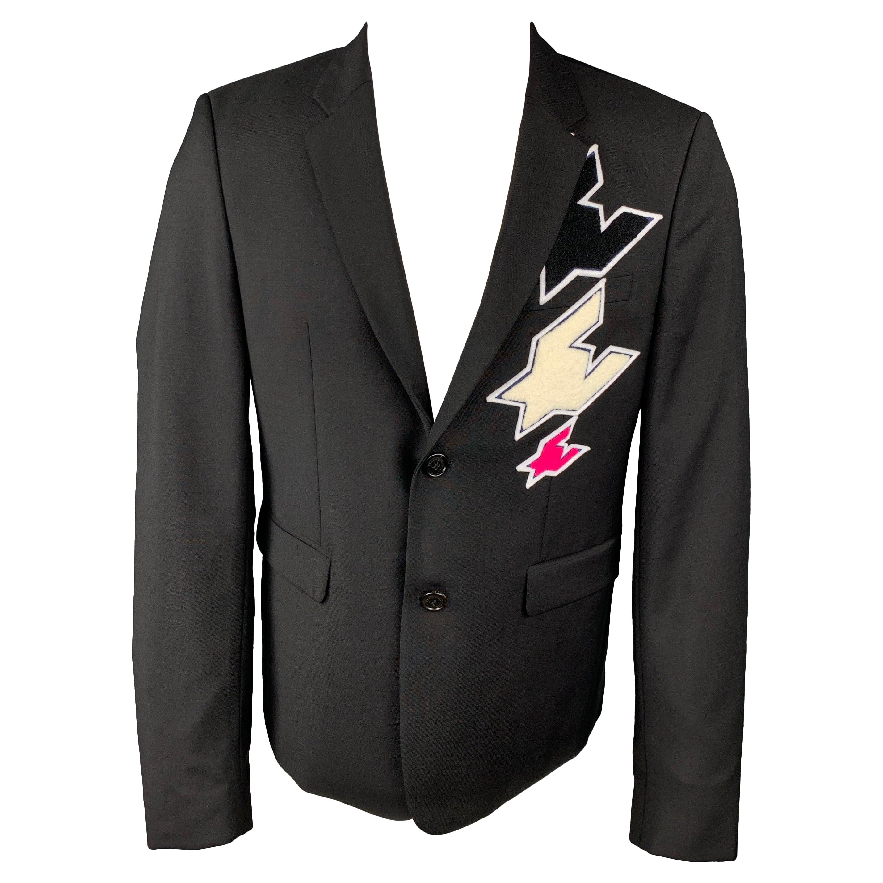 KRIS VAN ASSCHE Sportmantel aus Wolle mit Notch-Revers, Größe 40, schwarze Patches im Angebot
