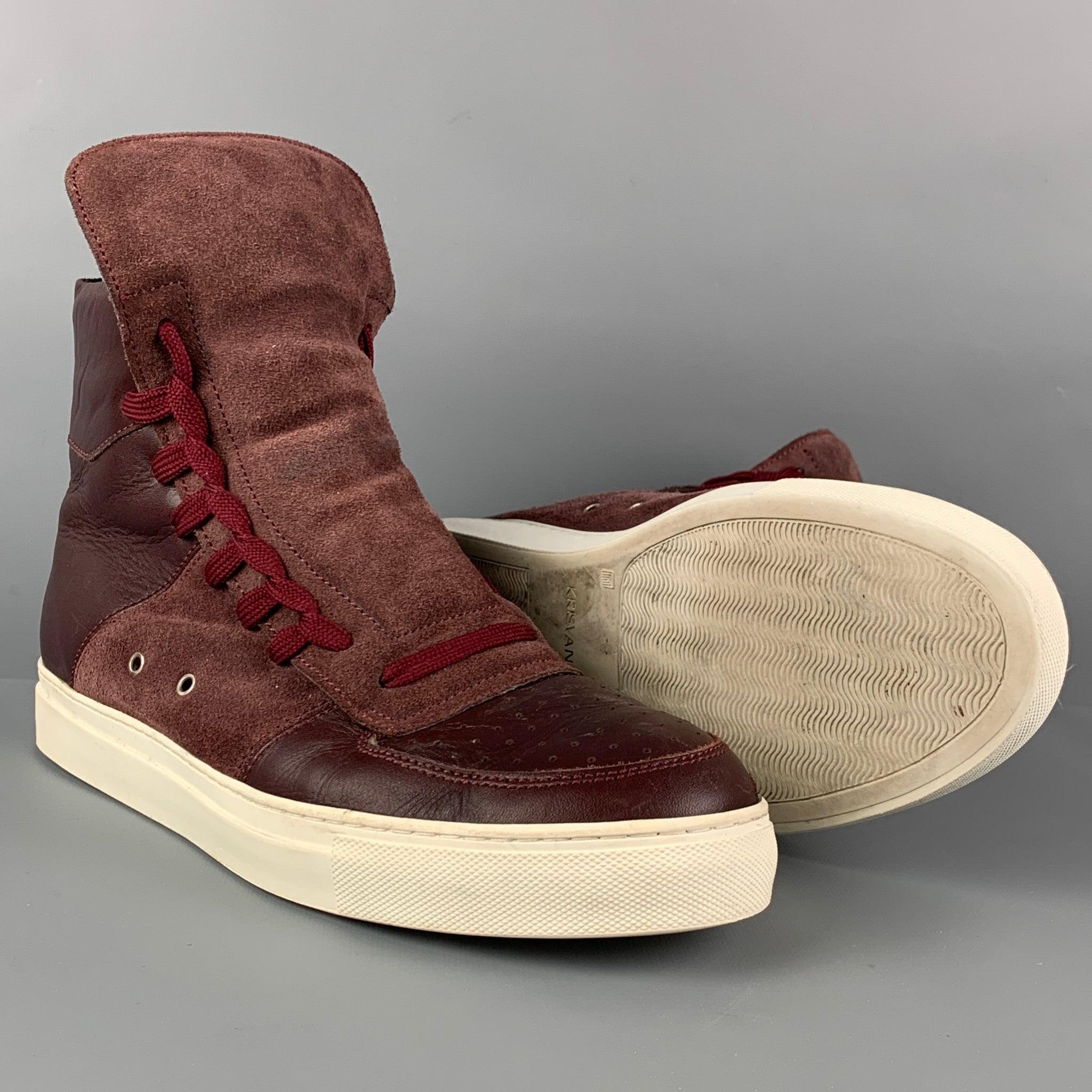 KRIS VAN ASSCHE Size 9 Burgundy Mixed Fabrics Leather High Top Sneakers In Good Condition For Sale In San Francisco, CA