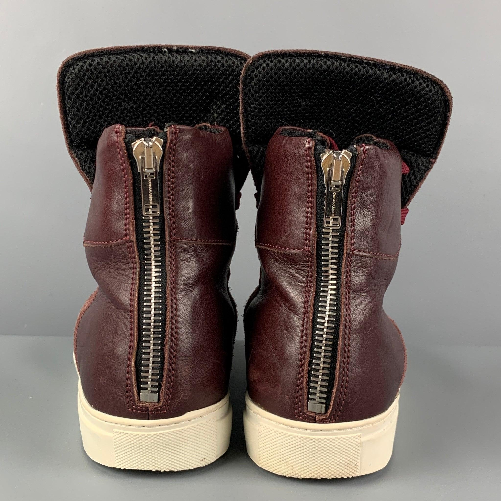 KRIS VAN ASSCHE Size 9 Burgundy Mixed Fabrics Leather High Top Sneakers For Sale 1