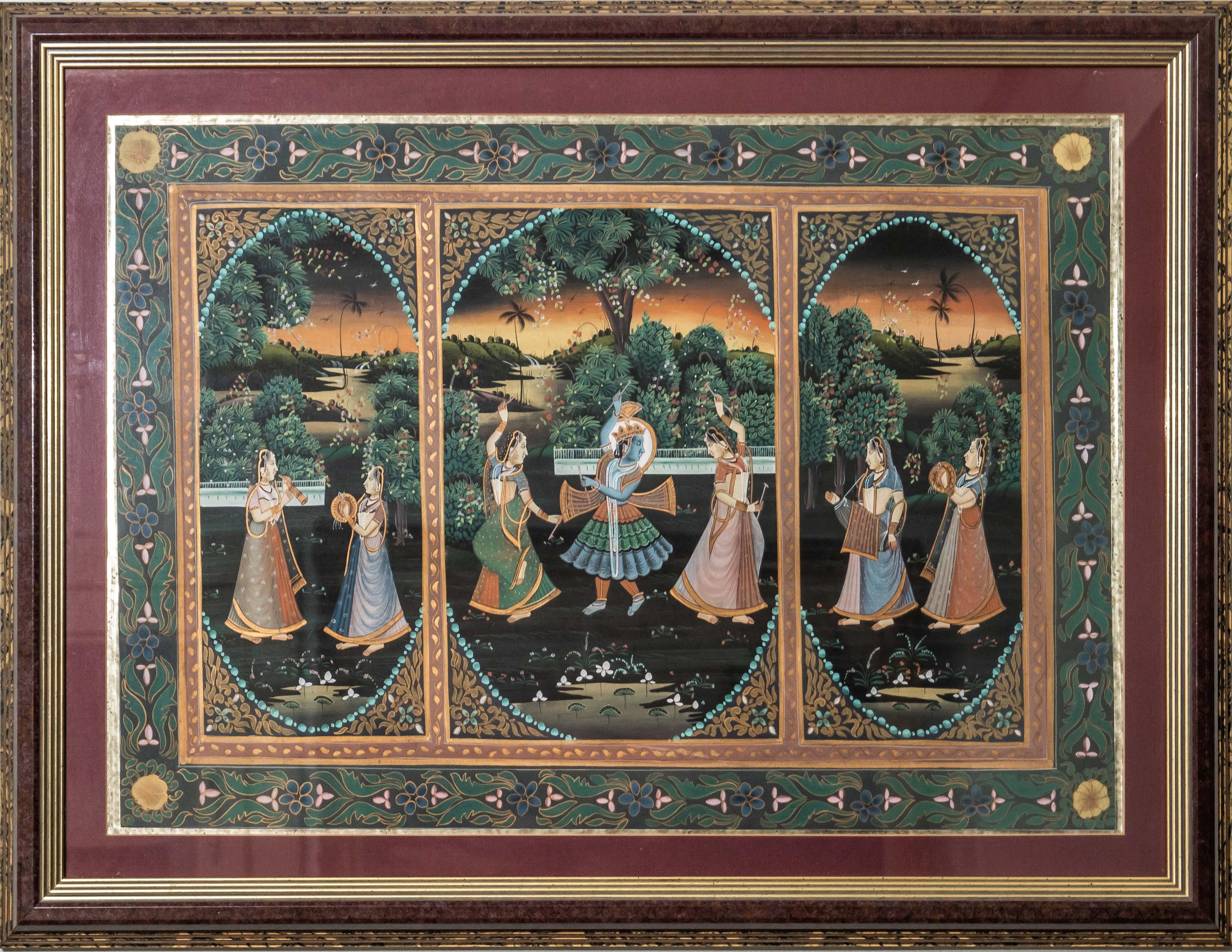 Krishna and the Gopis. Indian painting on silk

Painting on silk from the middle of the last century. Newly glazed and framed. Very decorative.

with frame: height 67 cm, width 89.5 cm, depth 4 cm
without frame: height 58 cm, width 81 cm