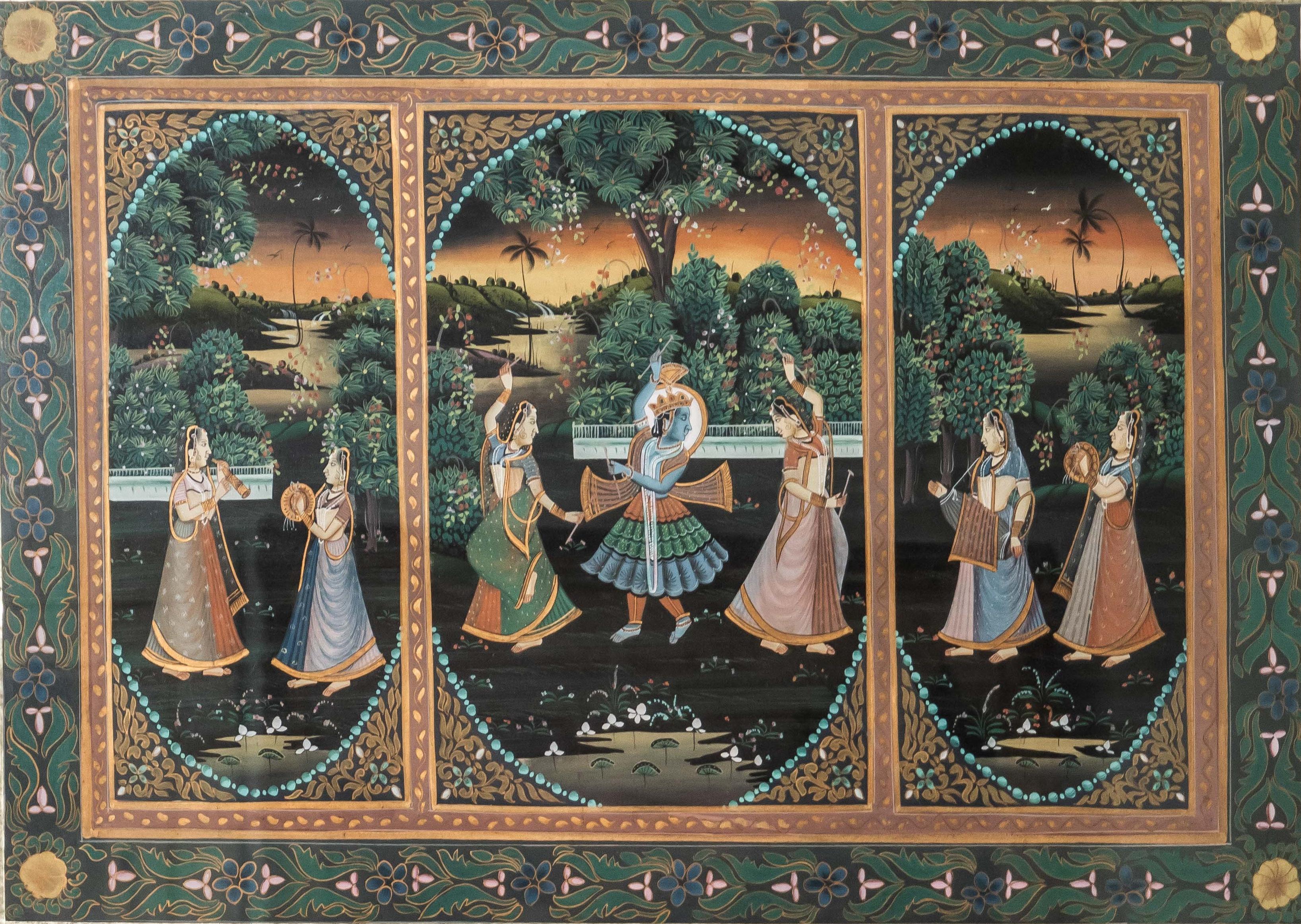 European Krishna and the Gopis. Indian painting on silk For Sale