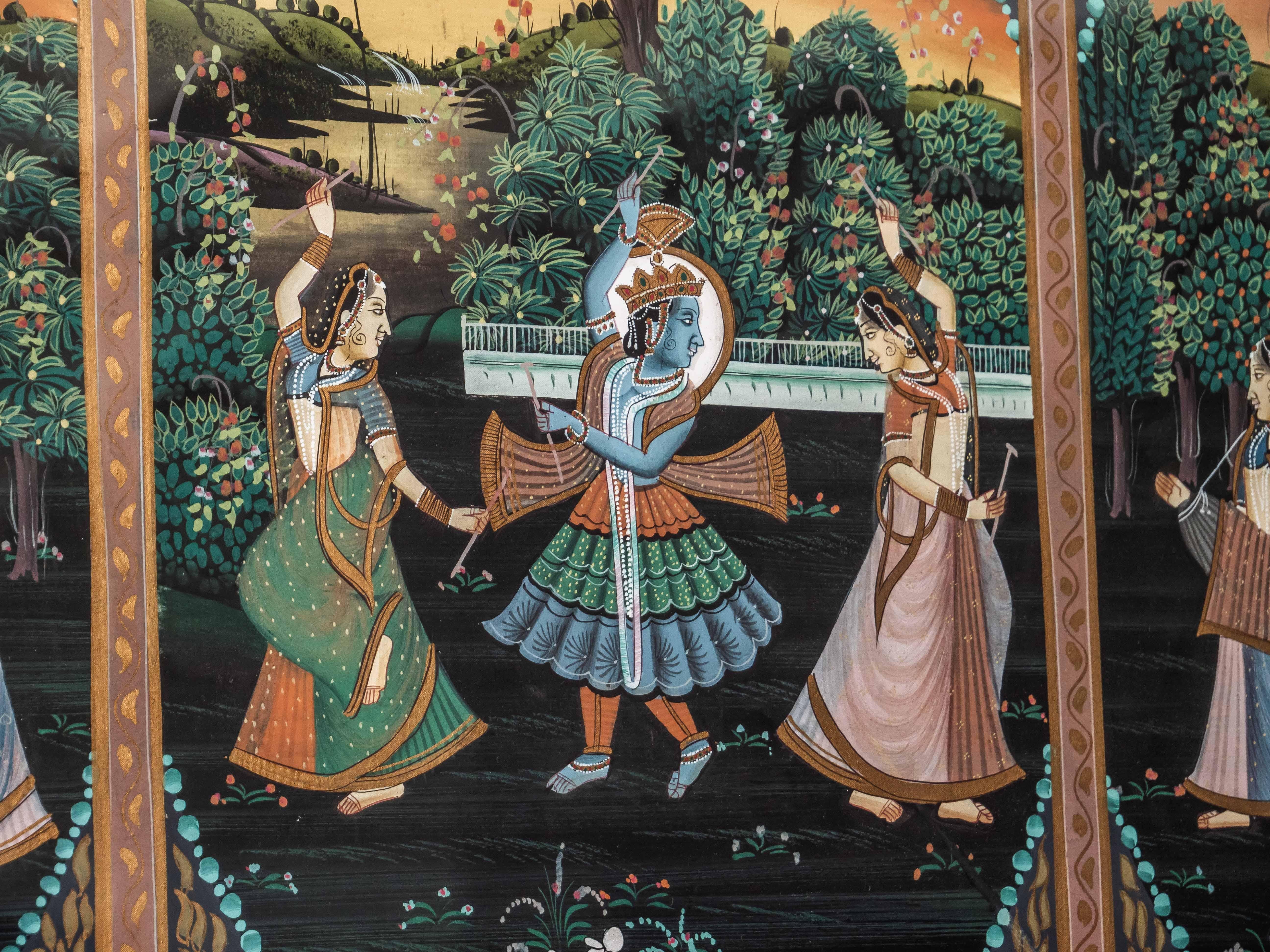Painted Krishna and the Gopis. Indian painting on silk For Sale