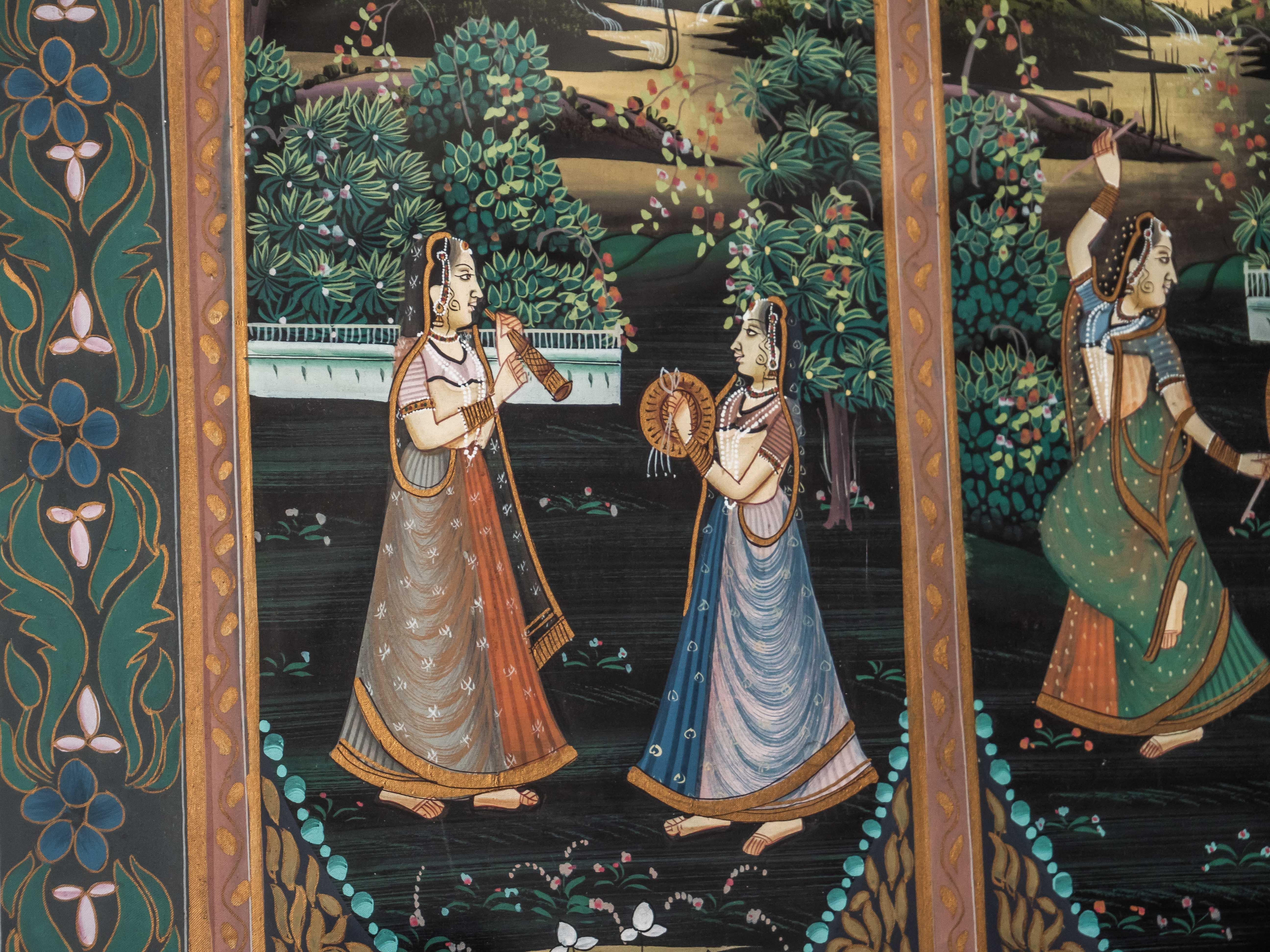 Krishna and the Gopis. Indian painting on silk In Good Condition For Sale In STRAČOV, CZ