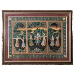 Vintage Krishna and the Gopis. Indian painting on silk
