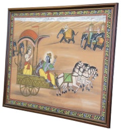 Krishna Arjuna Tanjore Painting on Silk Chariot Horses Elephant Large Framed 45"