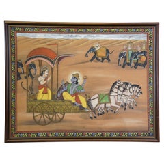 Vintage Krishna Arjuna Tanjore Painting on Silk Chariot Horses Elephant Large Framed 45"