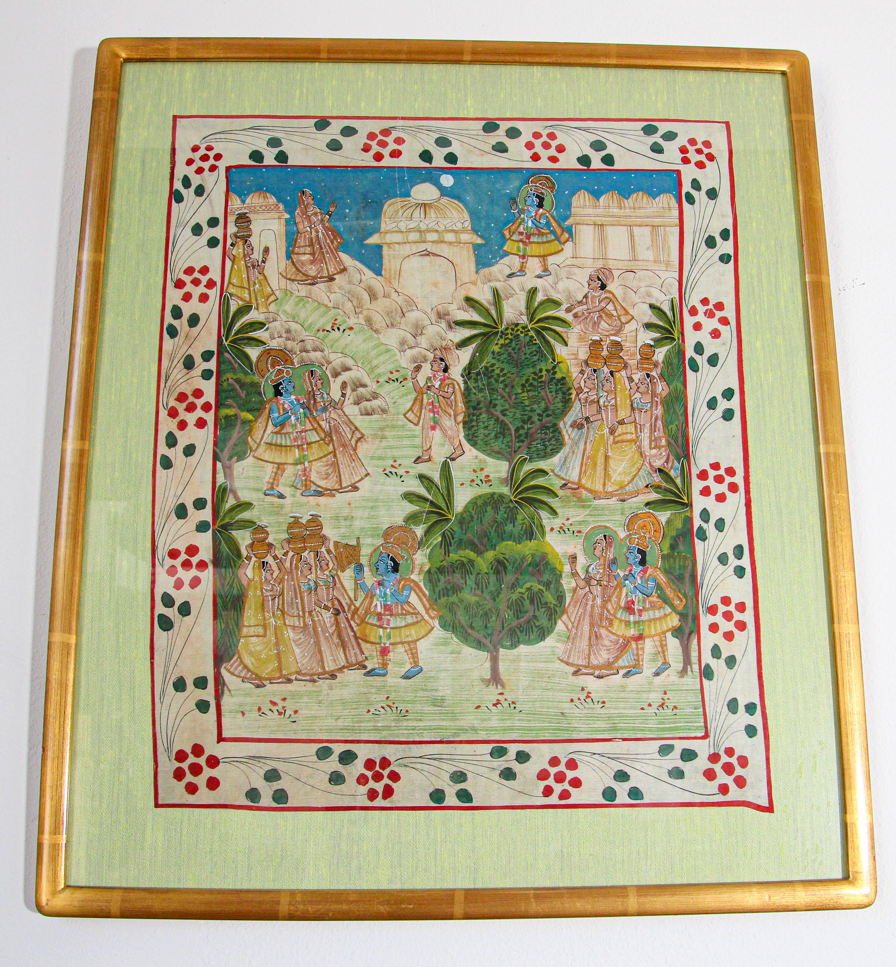 Krishna, Radha, and the Gopis meet a young prince painting
Pichhavai painting depicting Krishna, Radha, and the Gopis meeting a young prince.
Krishna with female Gopis carrying offering for the prince, great washed out colors.
Stylized floral motifs