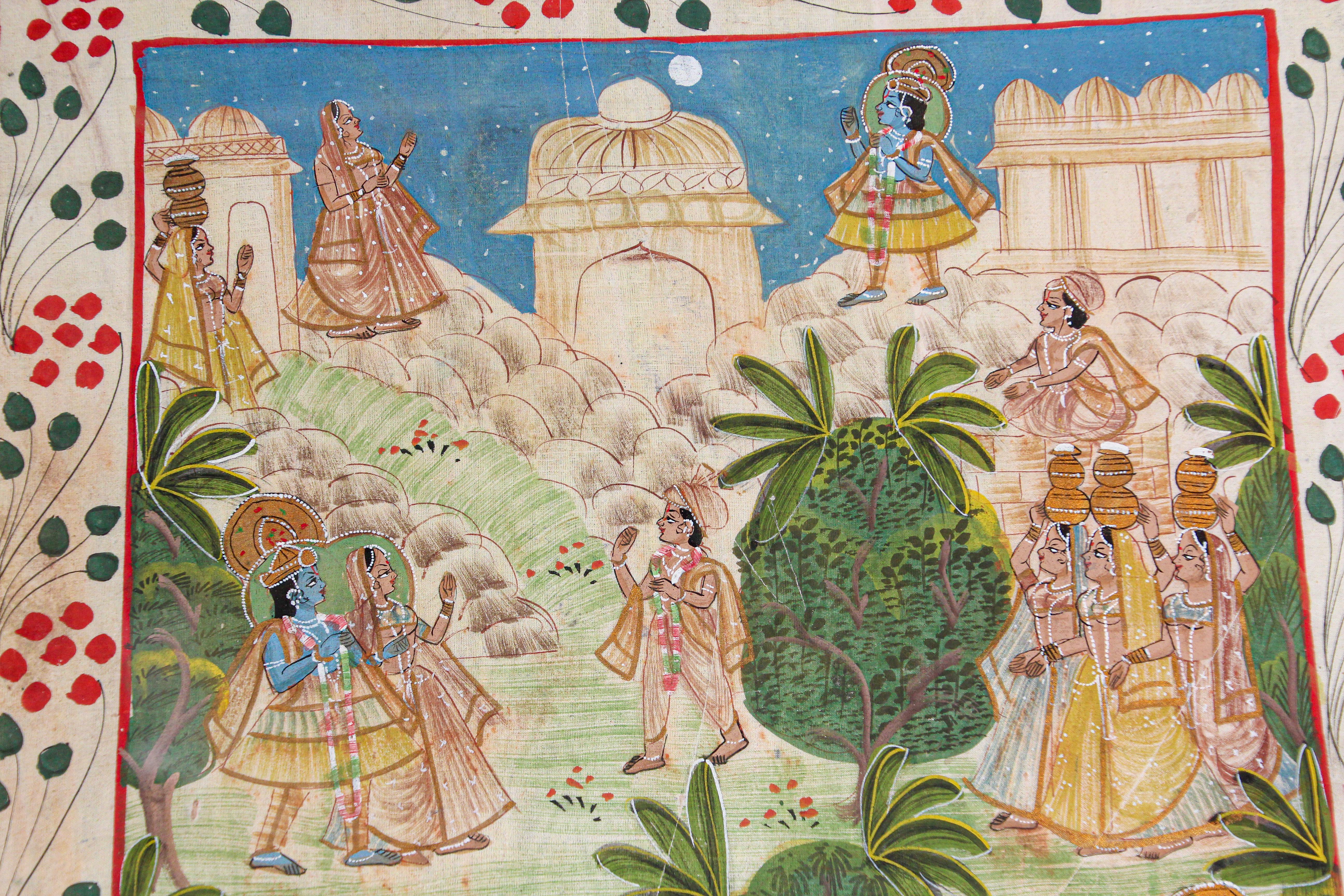 radha and krishna walk in a flowering grove