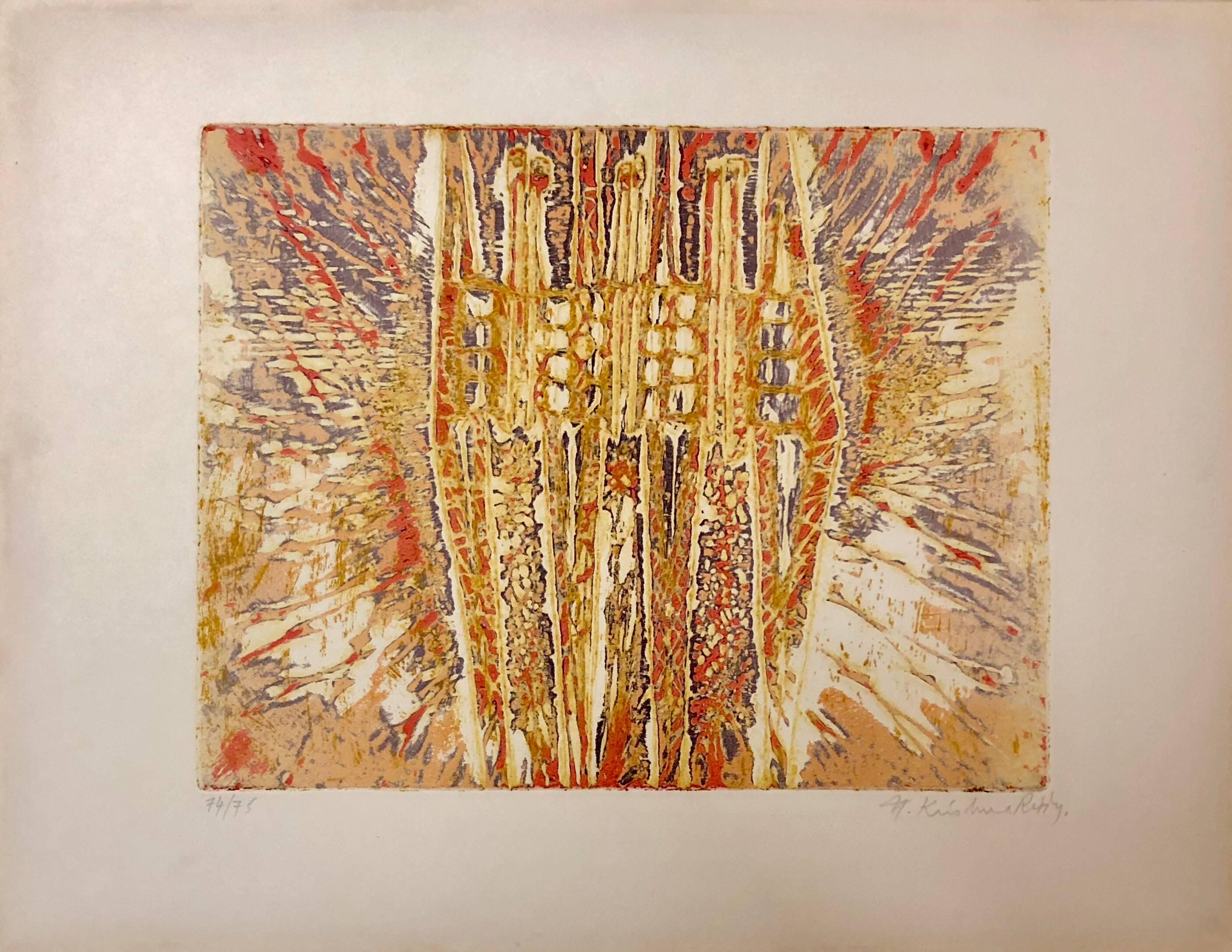 A limited edition, hand signed in pencil intaglio etching on French Arches deckle edged art paper. 

Krishna Reddy (1925 – 2018) was an Indian master intaglio printmaker, sculptor, and teacher. He was considered a master intaglio printer and known