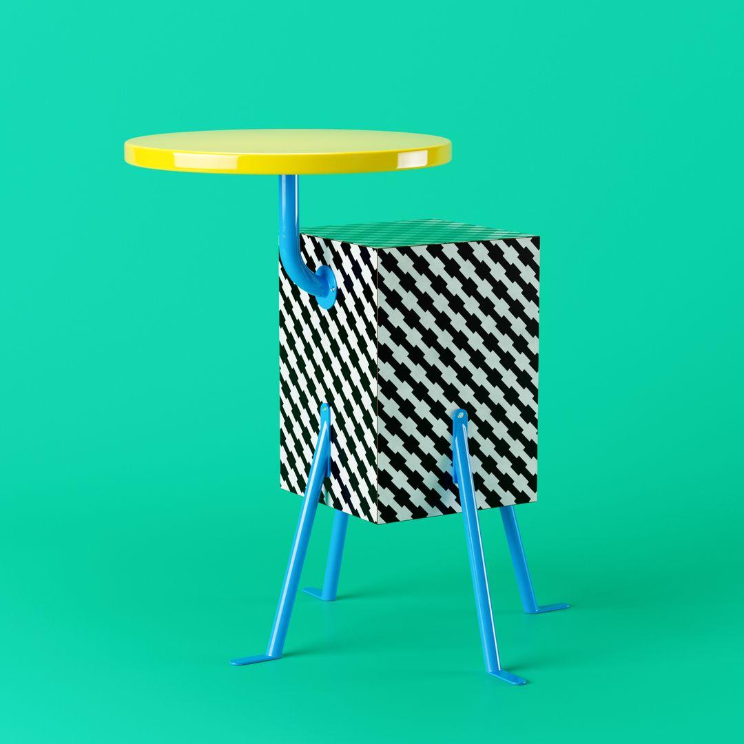 Table basse en bois laqué et recouvert de stratifié décoratif, éléments métalliques peints.