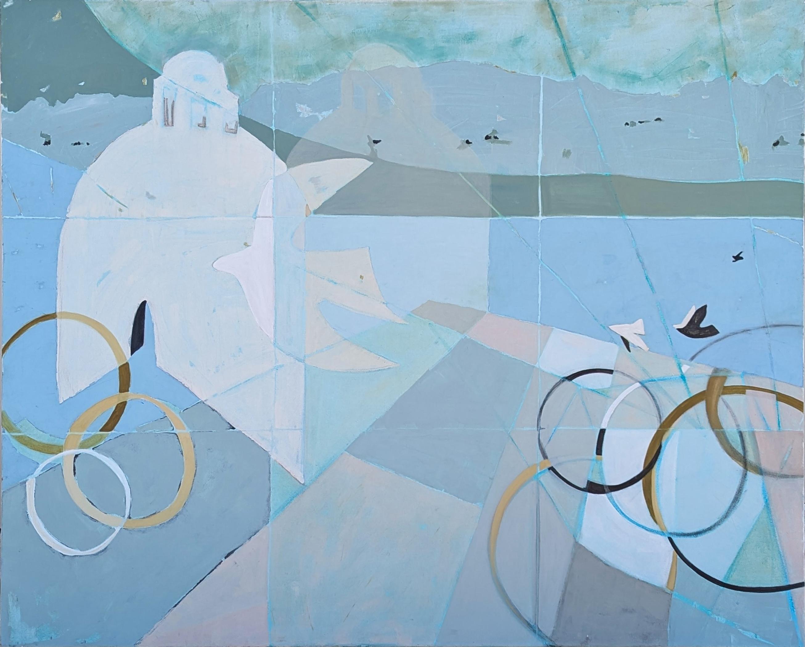 Contemporary pastel abstract painting by Houston based artist Kristen Anton. The work features an abstracted view of a Mediterranean seaside city accented with layers of brushwork. Signed, titled, and dated on the reverse. Currently unframed, but