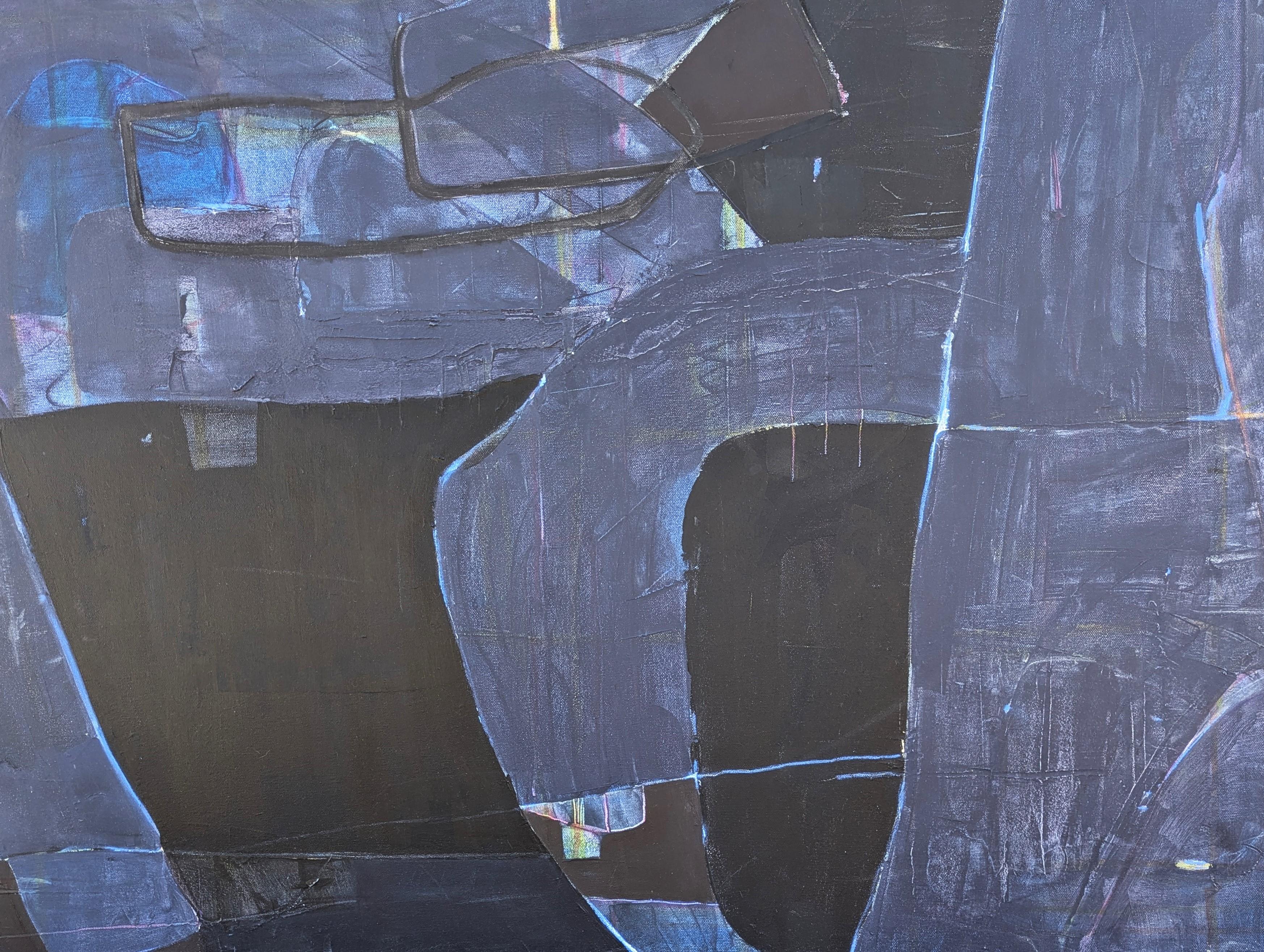 Pintura abstracta contemporánea en azul oscuro de la artista afincada en Houston Kristen Anton. La obra presenta bloques de color azul y negro acentuados con capas de pinceladas. Firmado, titulado y fechado en el reverso. Actualmente sin enmarcar,
