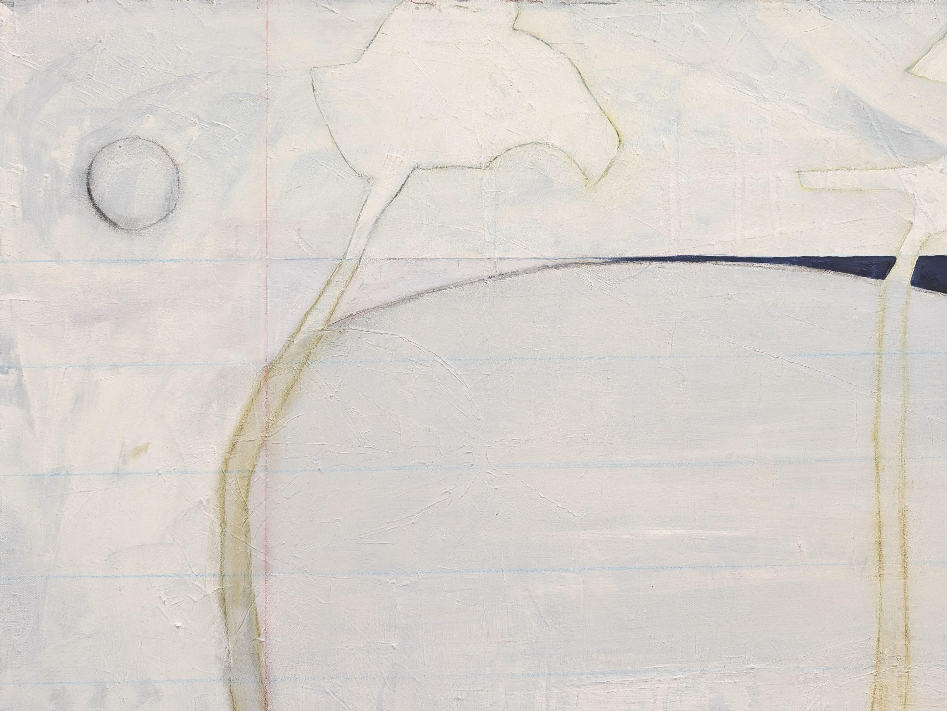 Contemporary neutral toned abstract painting by Houston-based artist Kristen Anton. The work features light blue tones accented by pops of navy and green. Signed, titled, and dated on the reverse. Currently unframed, but options are available. 
