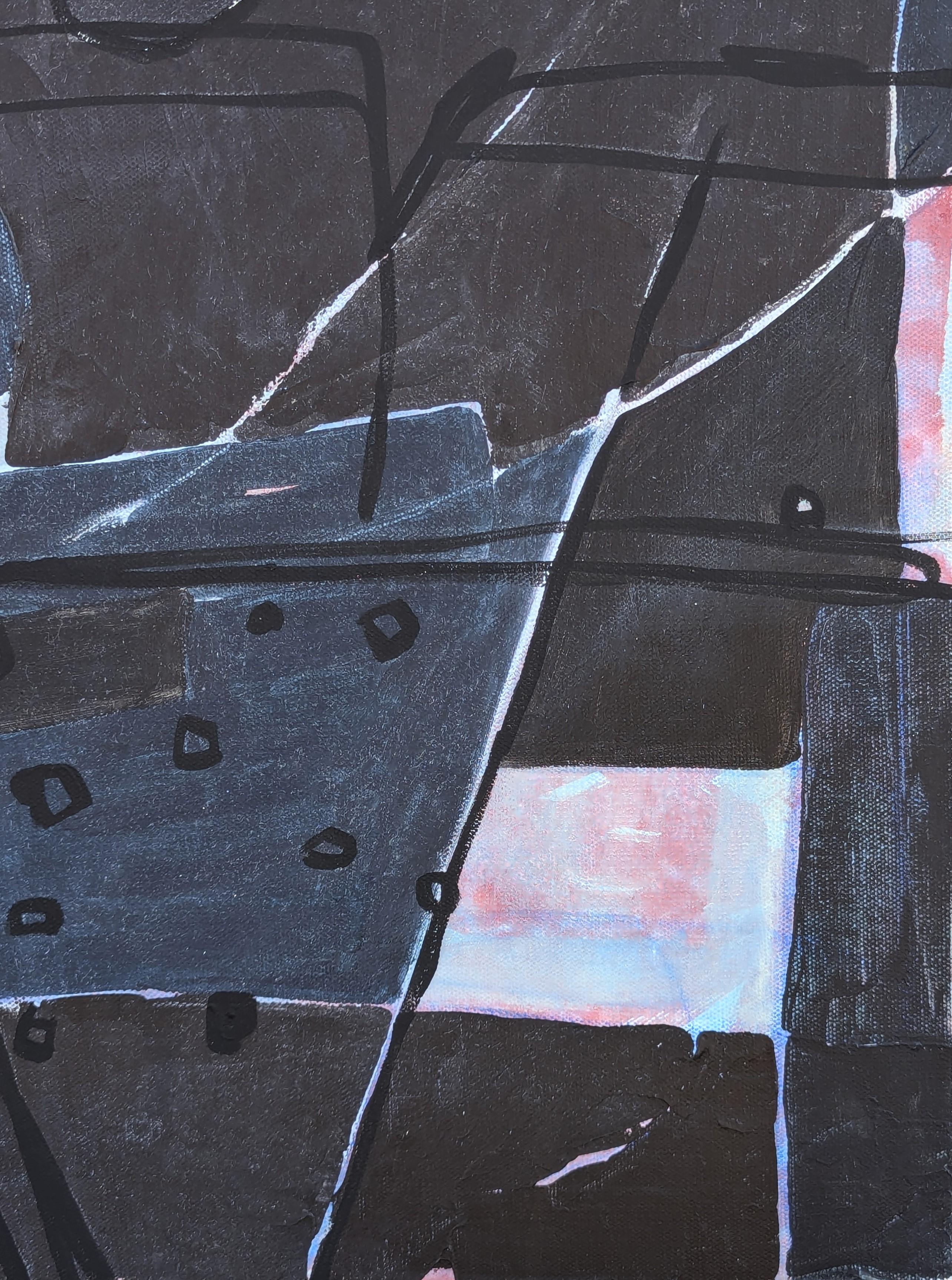 Quadro astratto contemporaneo in blu scuro, rosa e nero dell'artista Kristen Anton di Houston. L'opera presenta blocchi di colore blu e nero accentuati da strati di pennellate. Firmato, intitolato e datato sul retro. Attualmente non è incorniciato,