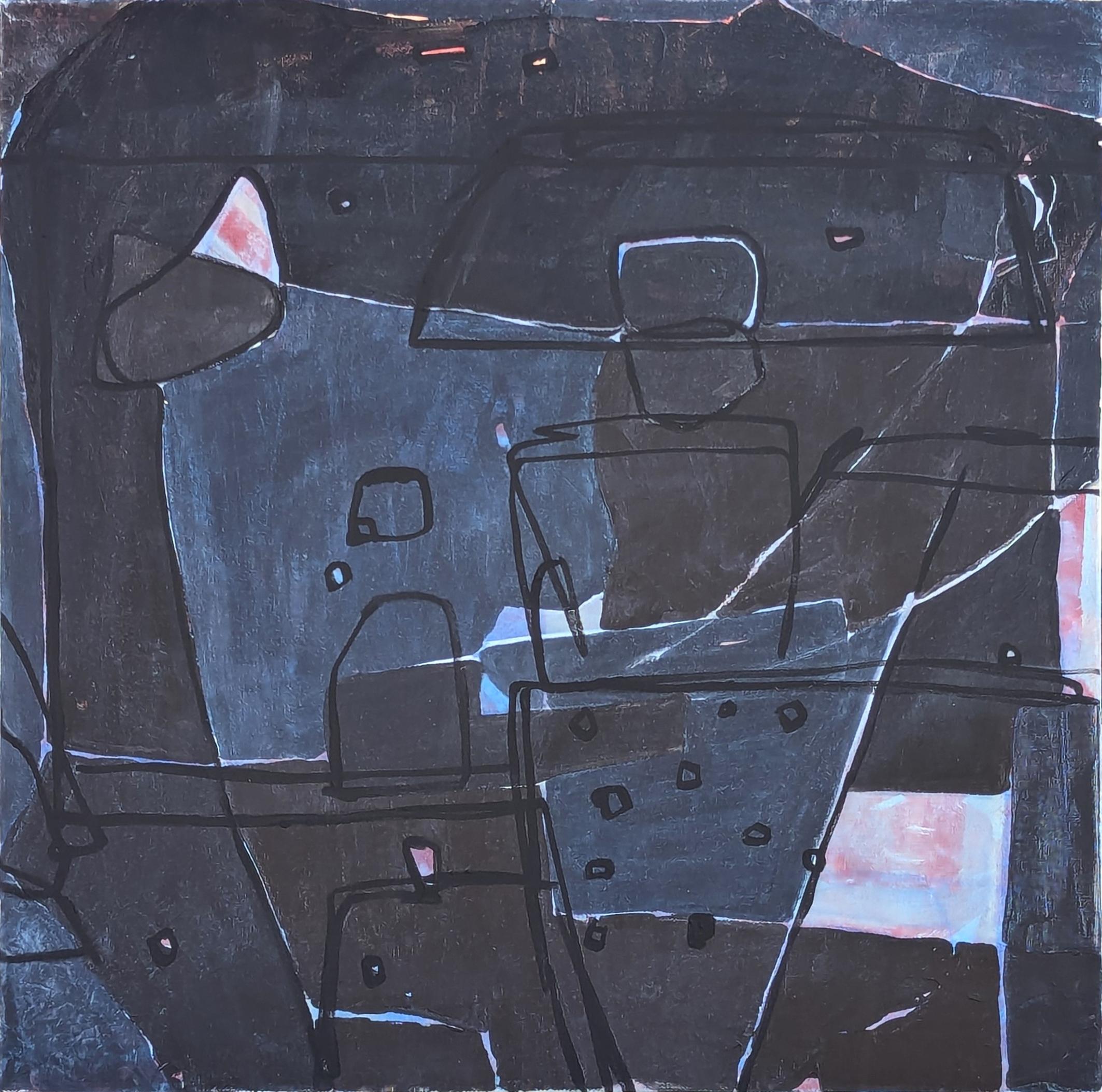 "Edison" Pittura astratta geometrica contemporanea dai toni blu scuro, rosa e nero
