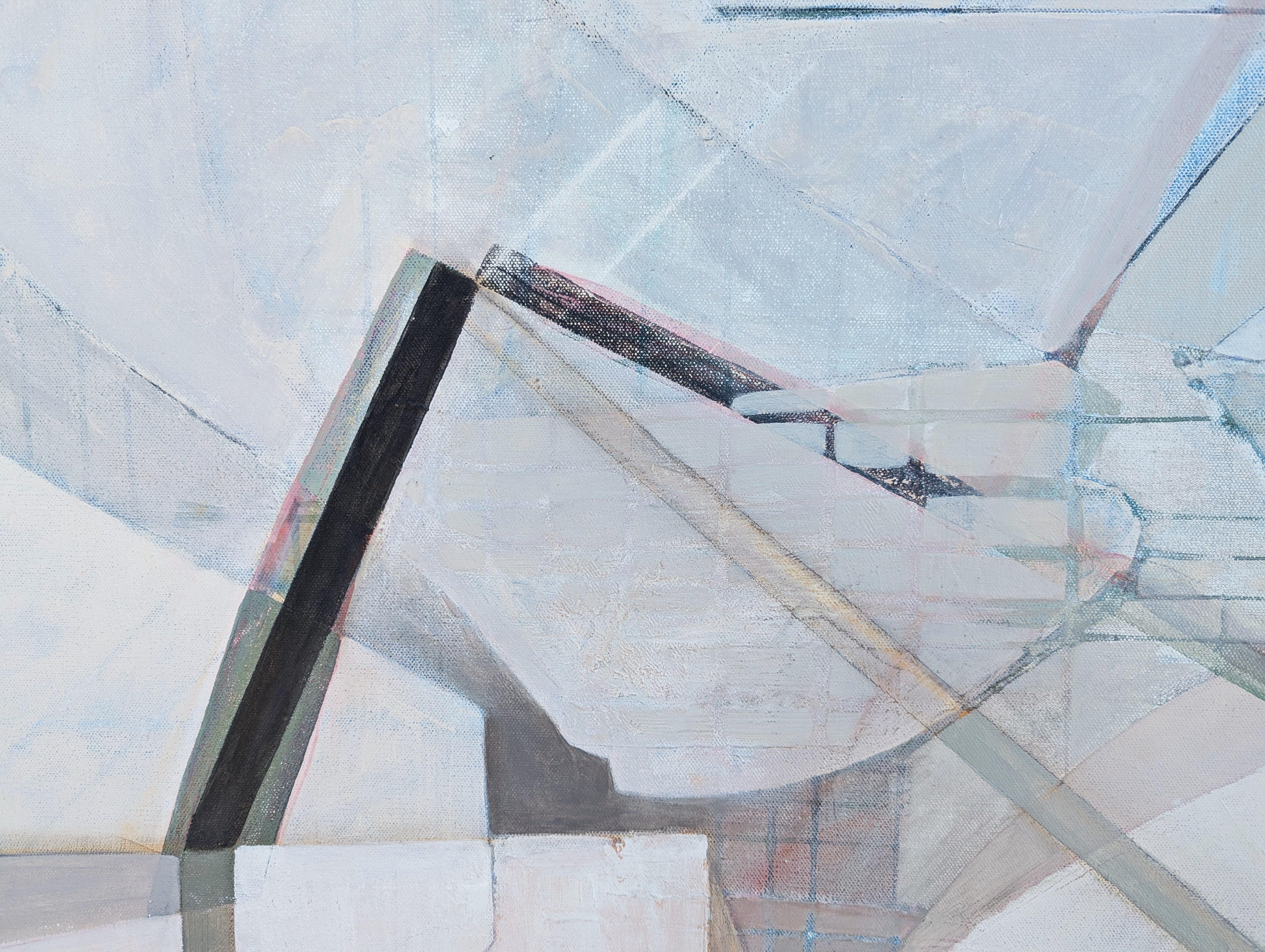“G’s Paper City” Contemporary Pastel Peach and Blue Toned Abstract Painting For Sale 9