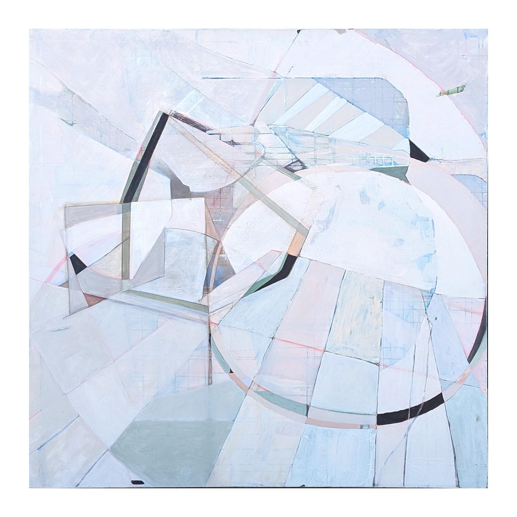 “G’s Paper City” Contemporary Pastel Peach and Blue Toned Abstract Painting For Sale 1
