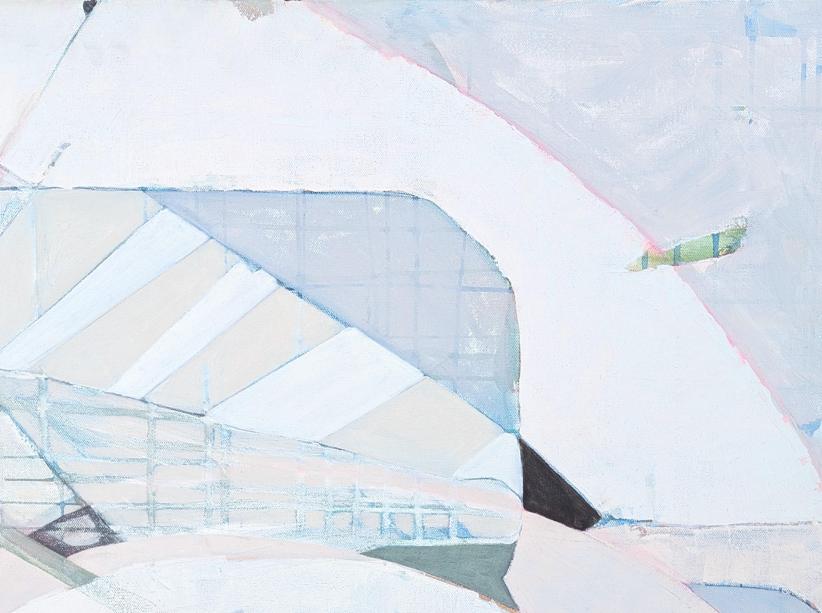 “G’s Paper City” Contemporary Pastel Peach and Blue Toned Abstract Painting For Sale 3