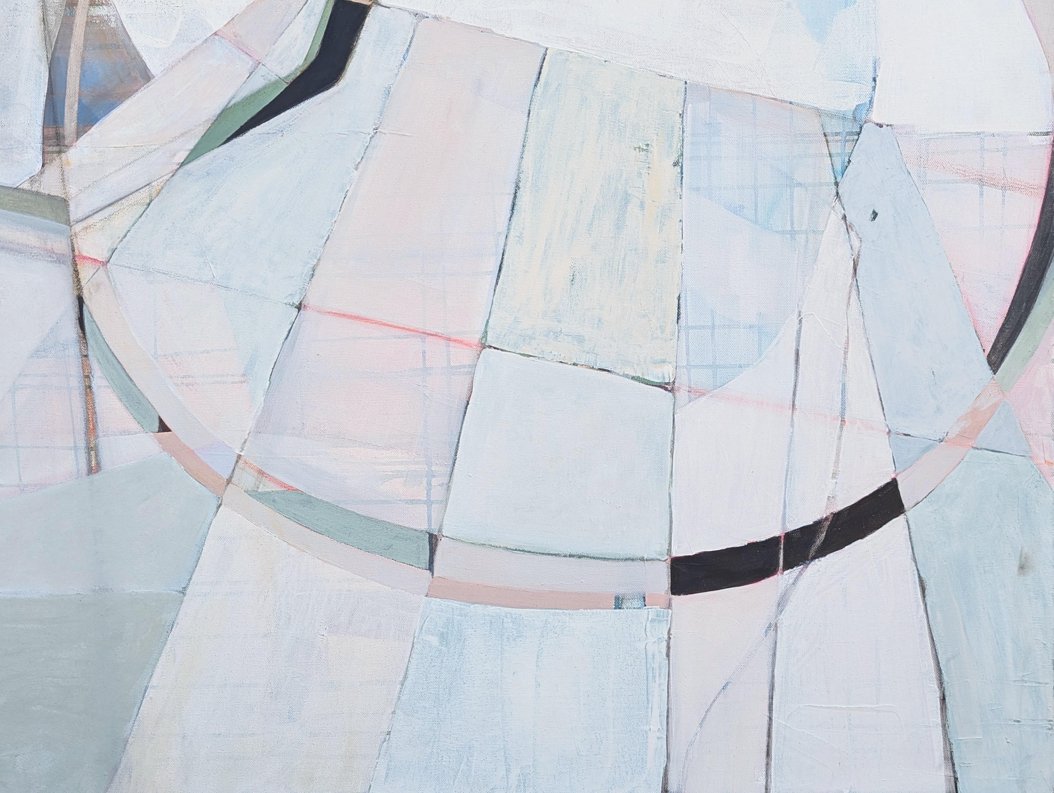 “G’s Paper City” Contemporary Pastel Peach and Blue Toned Abstract Painting For Sale 4