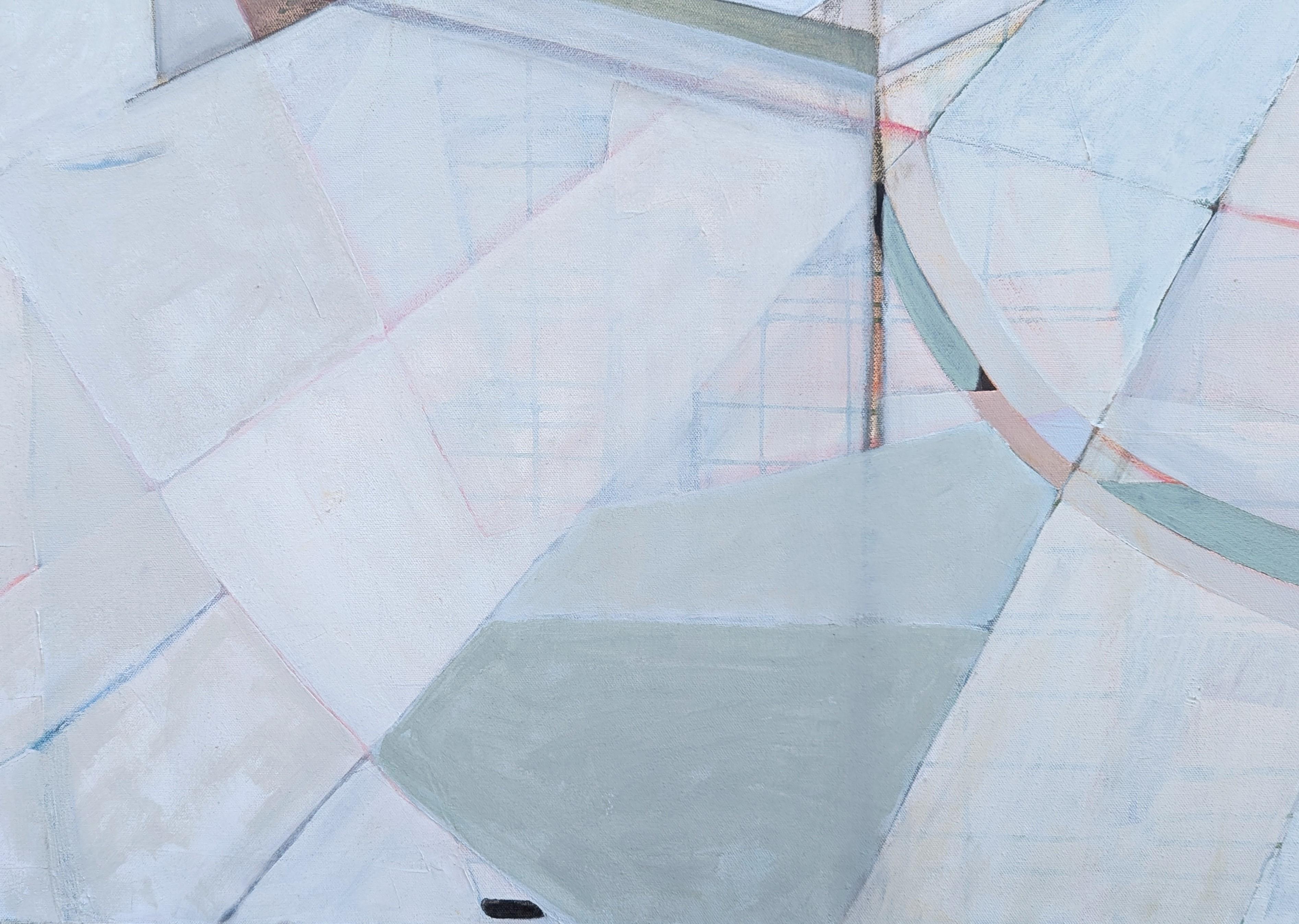 “G’s Paper City” Contemporary Pastel Peach and Blue Toned Abstract Painting For Sale 5