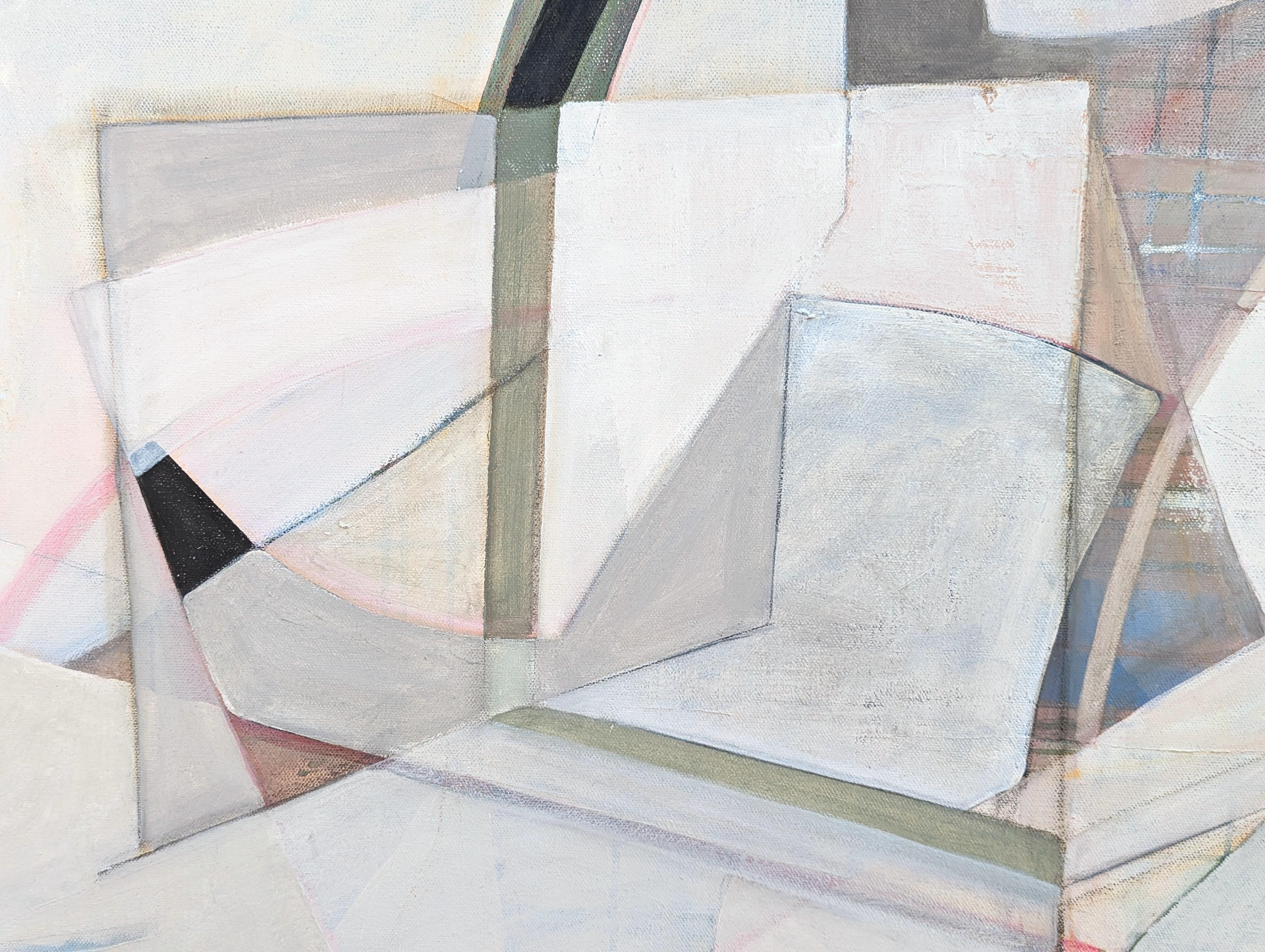 “G’s Paper City” Contemporary Pastel Peach and Blue Toned Abstract Painting For Sale 6