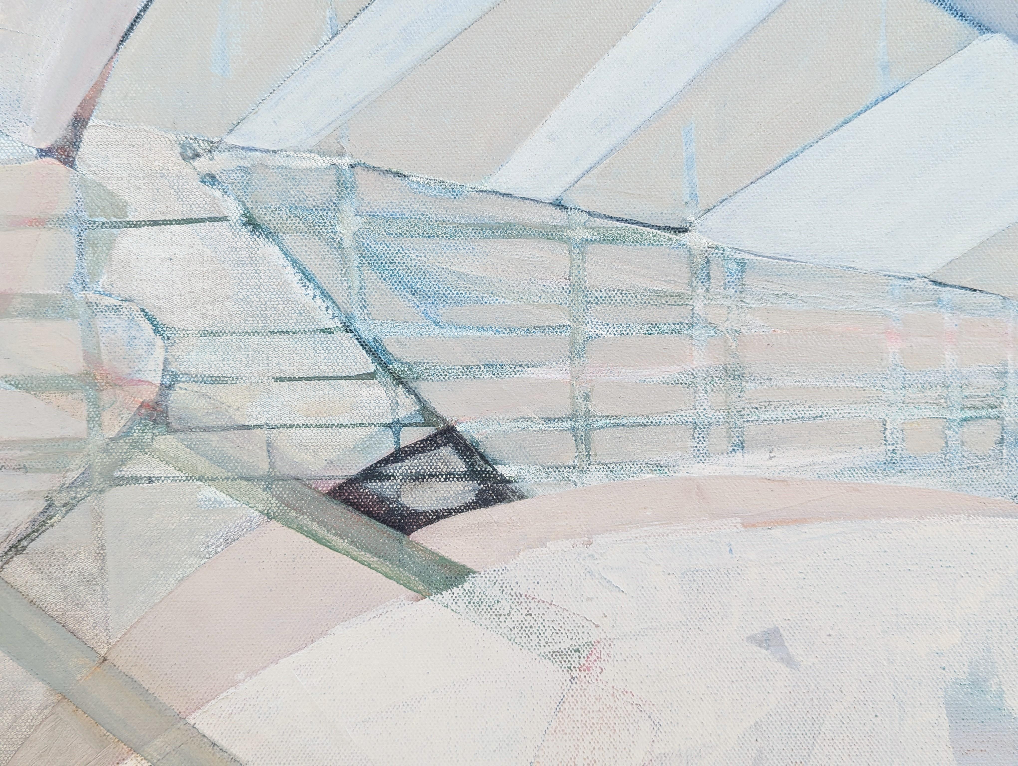 “G’s Paper City” Contemporary Pastel Peach and Blue Toned Abstract Painting For Sale 7