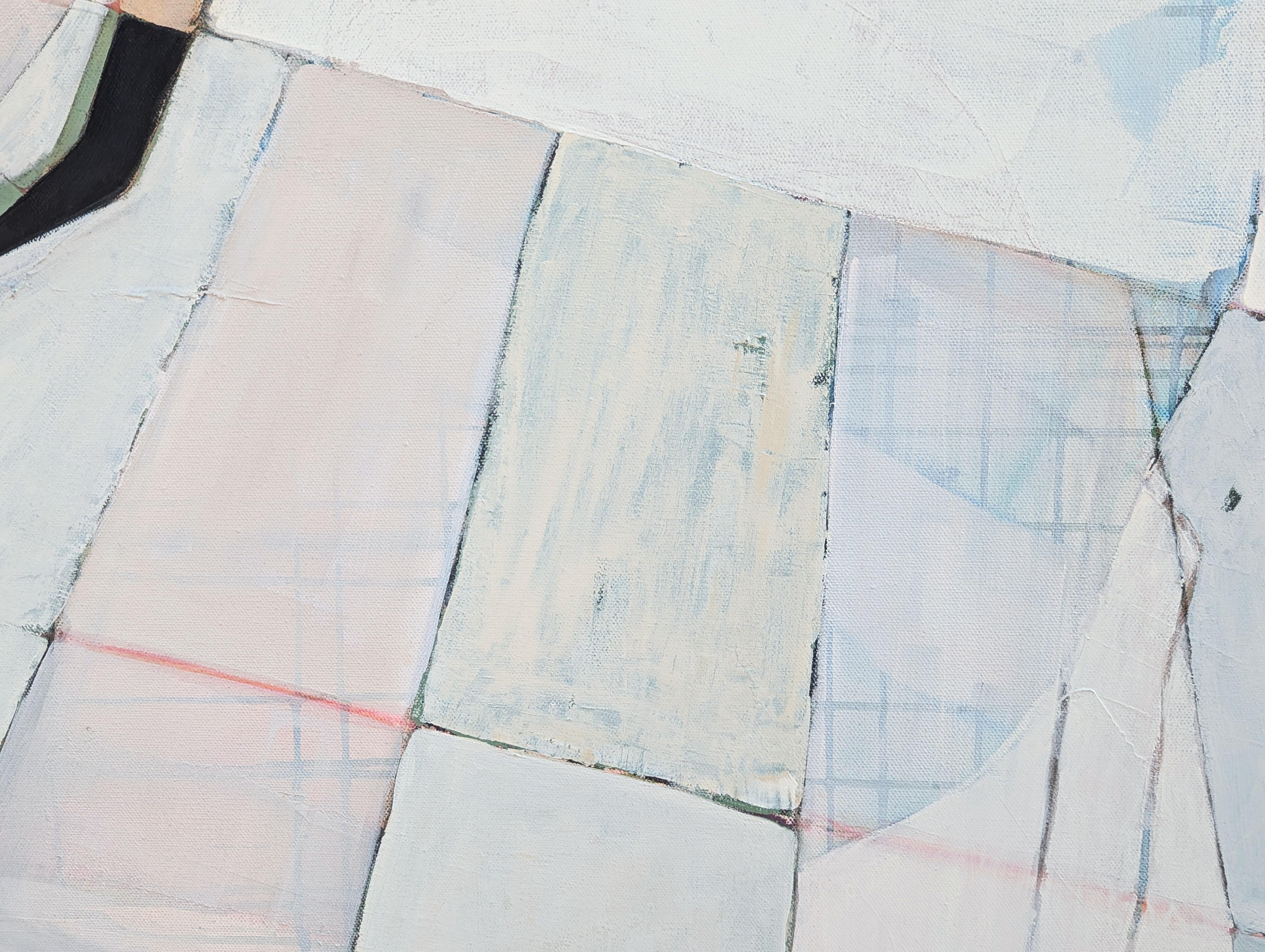 “G’s Paper City” Contemporary Pastel Peach and Blue Toned Abstract Painting For Sale 8