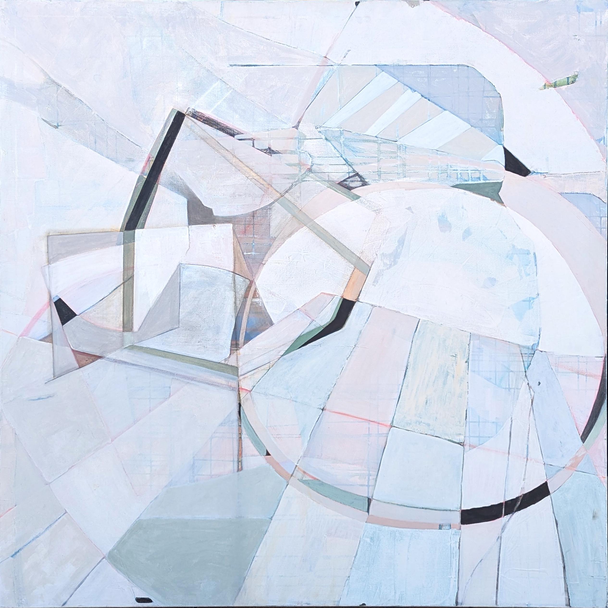 Contemporary pastel toned abstract painting by Houston based artist Kristen Anton. The work features peach, blue, and white blocks of color accented with layers of brushwork. Signed, titled, and dated on the reverse. Currently unframed, but options