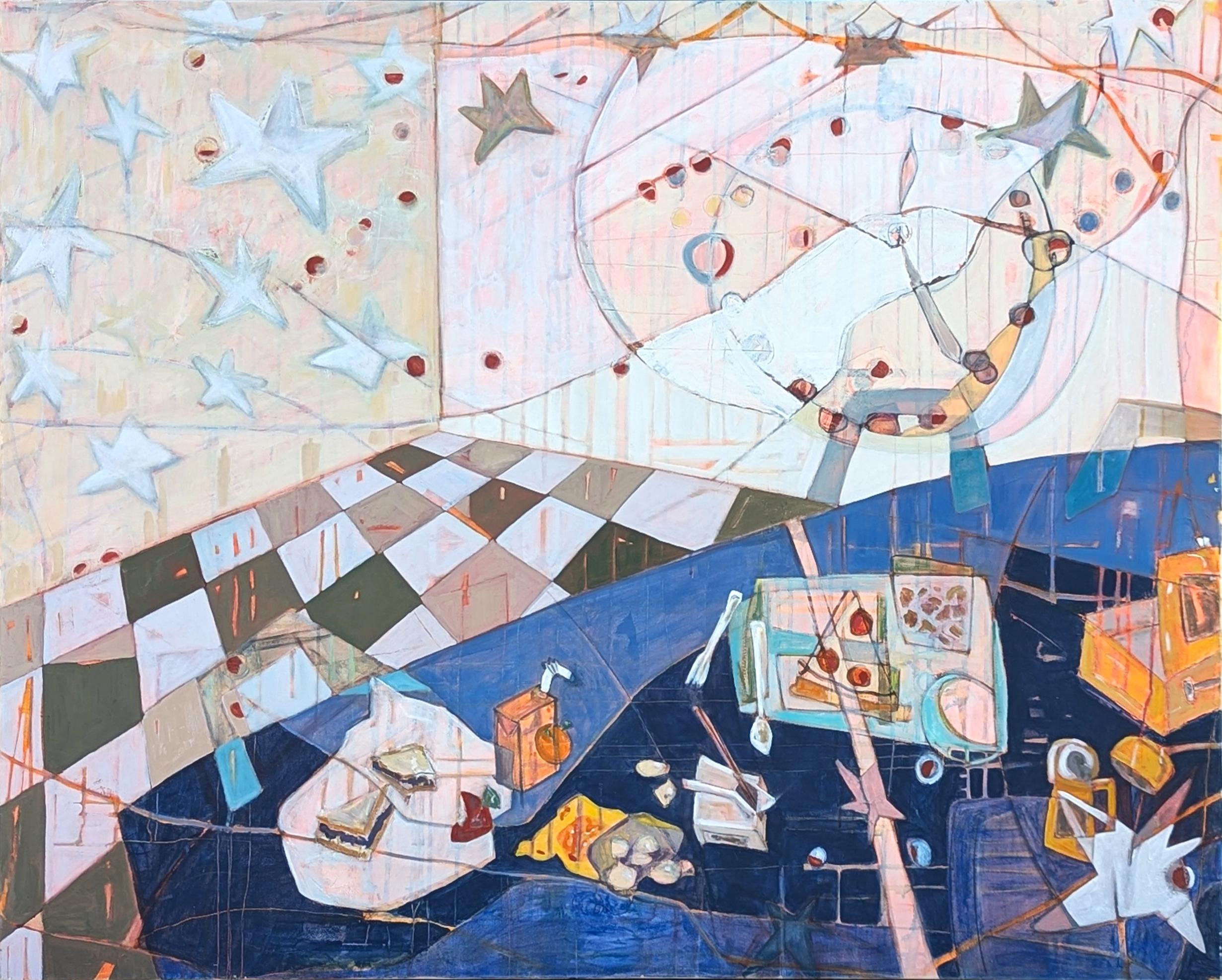 Kristen Anton Still-Life Painting – "Hot Lunch" Zeitgenössisches abstraktes Pastellfarben-Interieur-Stillleben-Gemälde