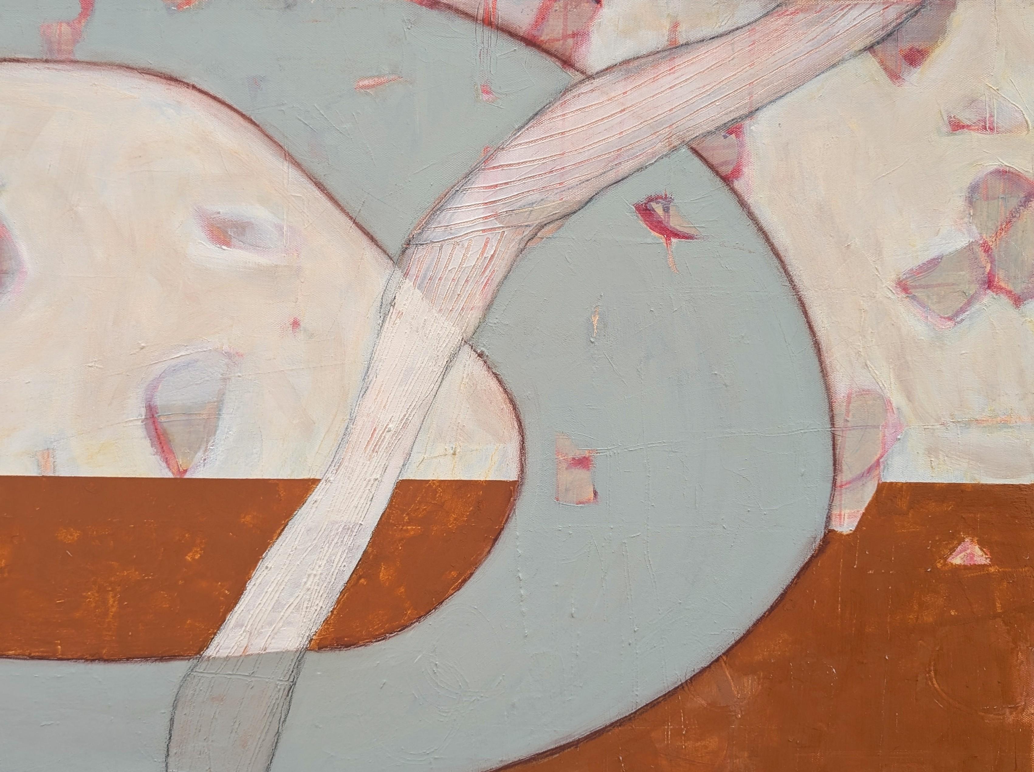 Contemporary colorful pastel toned abstract still life painting by Houston-based artist Kristen Anton. The work features a field of burnt orange accented by a yellow vase abstractly portrayed sitting on a pink and purple table. Signed, titled, and