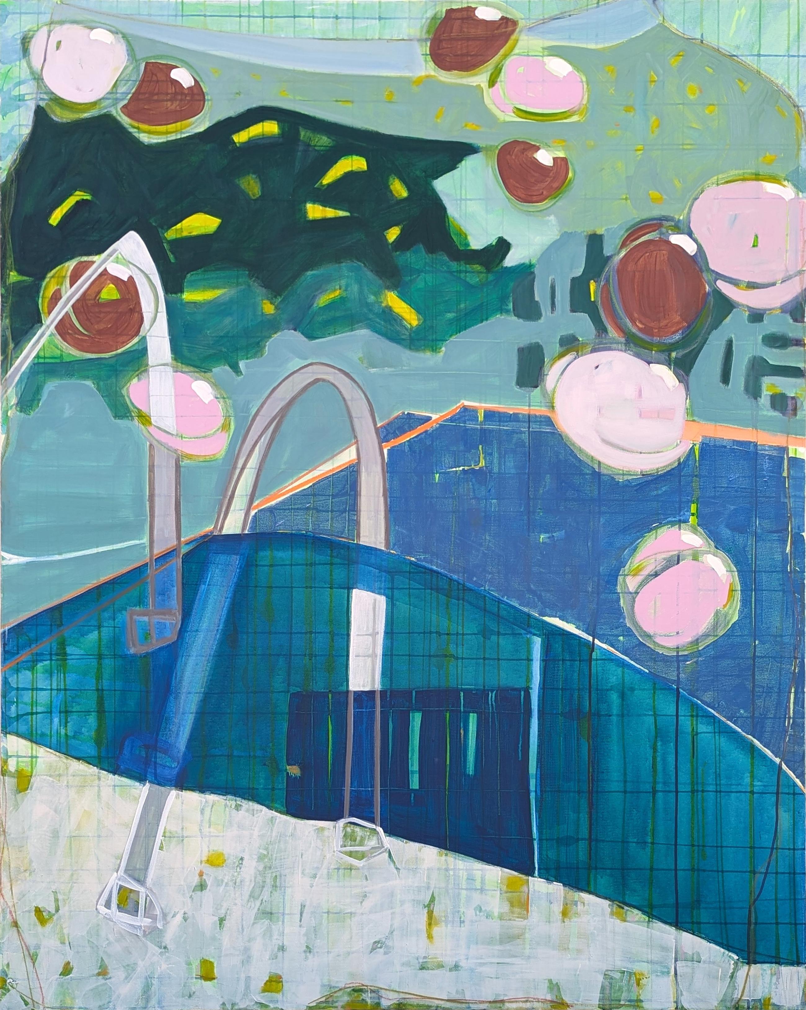 Contemporary colorful abstract painting by Houston based artist Kristen Anton. The work features an abstracted view of a swimming pool in green and blue blocks of color accented with layers of brushwork. Signed, titled, and dated on the reverse.
